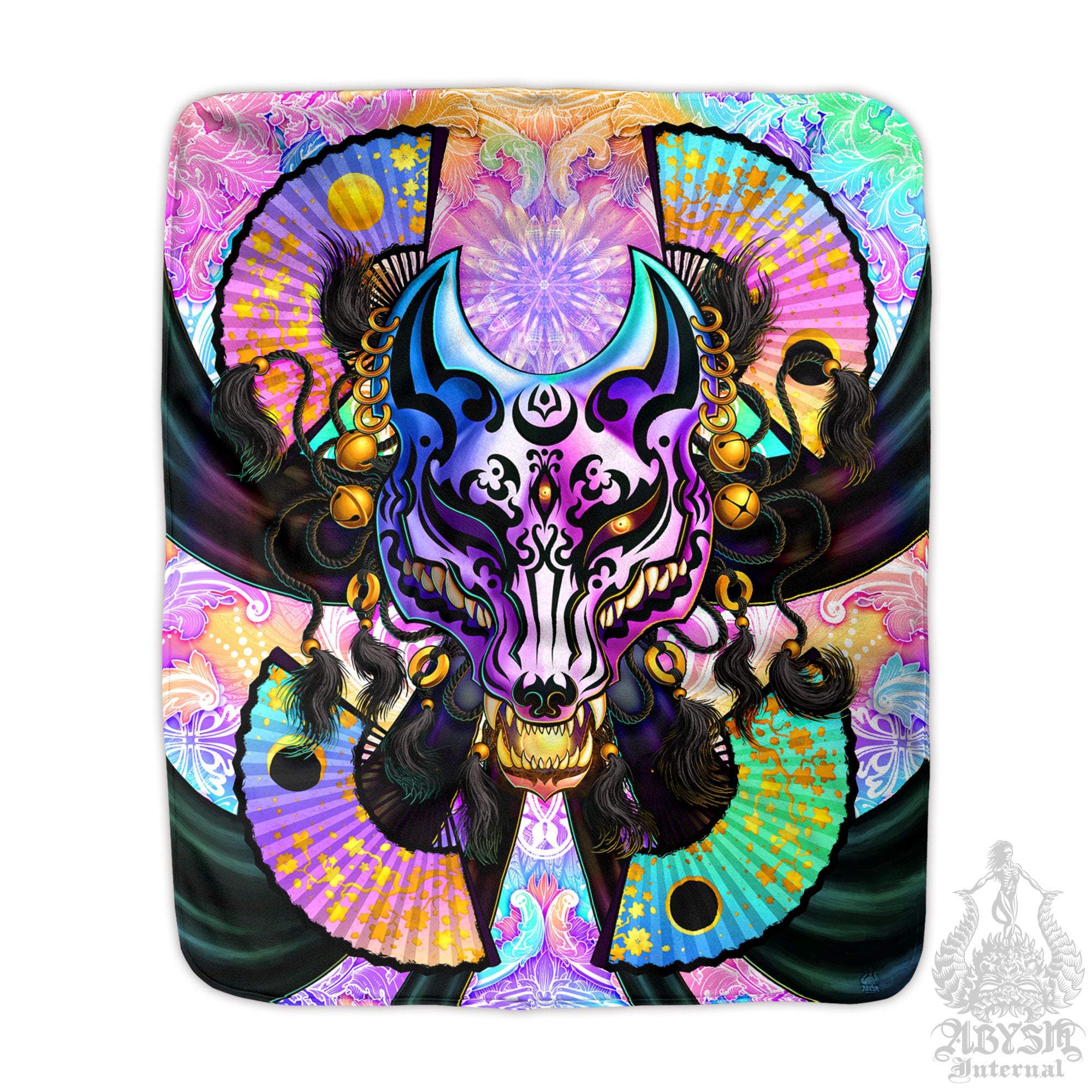 Kitsune Mask Throw Fleece Blanket, Okami, Japanese Fox, Anime and Manga Decor, Eclectic and Funky Gift - Holographic Pastel Punk - Abysm Internal