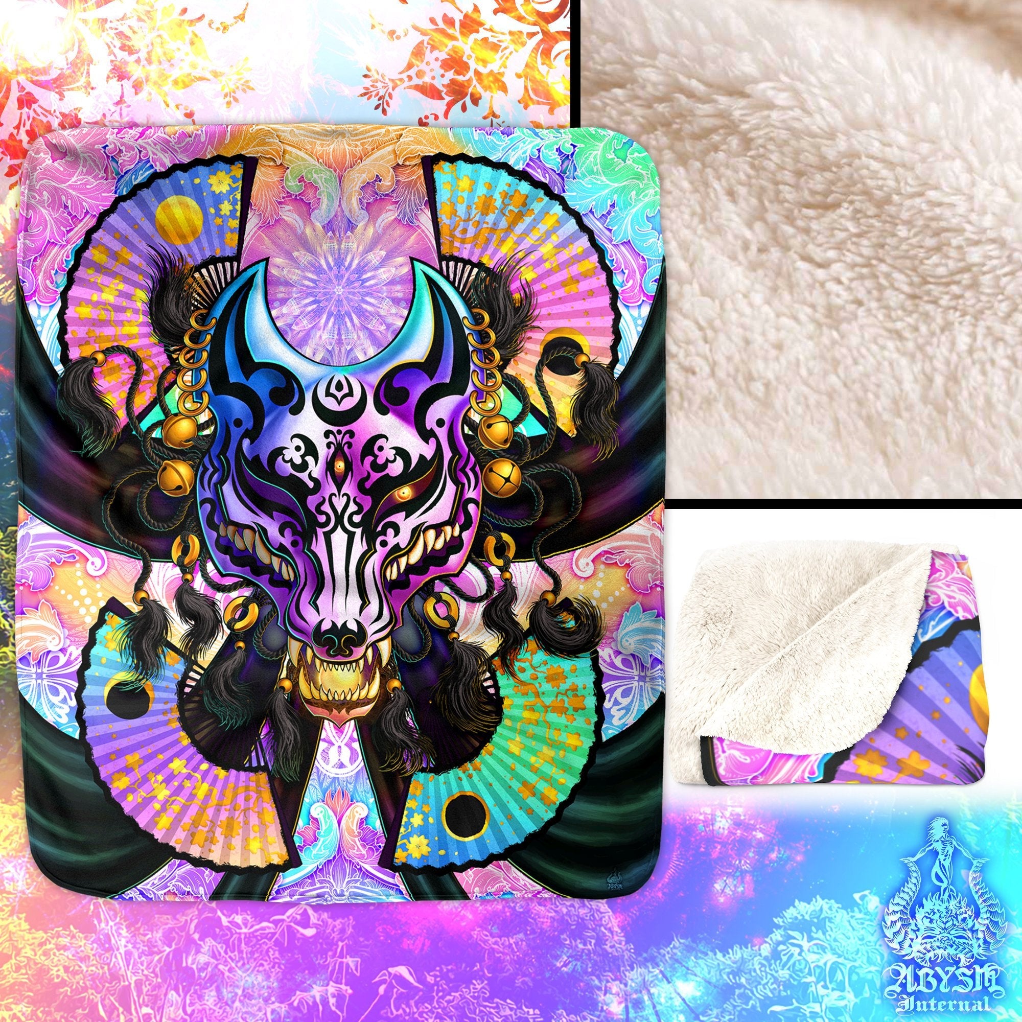 Kitsune Mask Throw Fleece Blanket, Okami, Japanese Fox, Anime and Manga Decor, Eclectic and Funky Gift - Holographic Pastel Punk - Abysm Internal