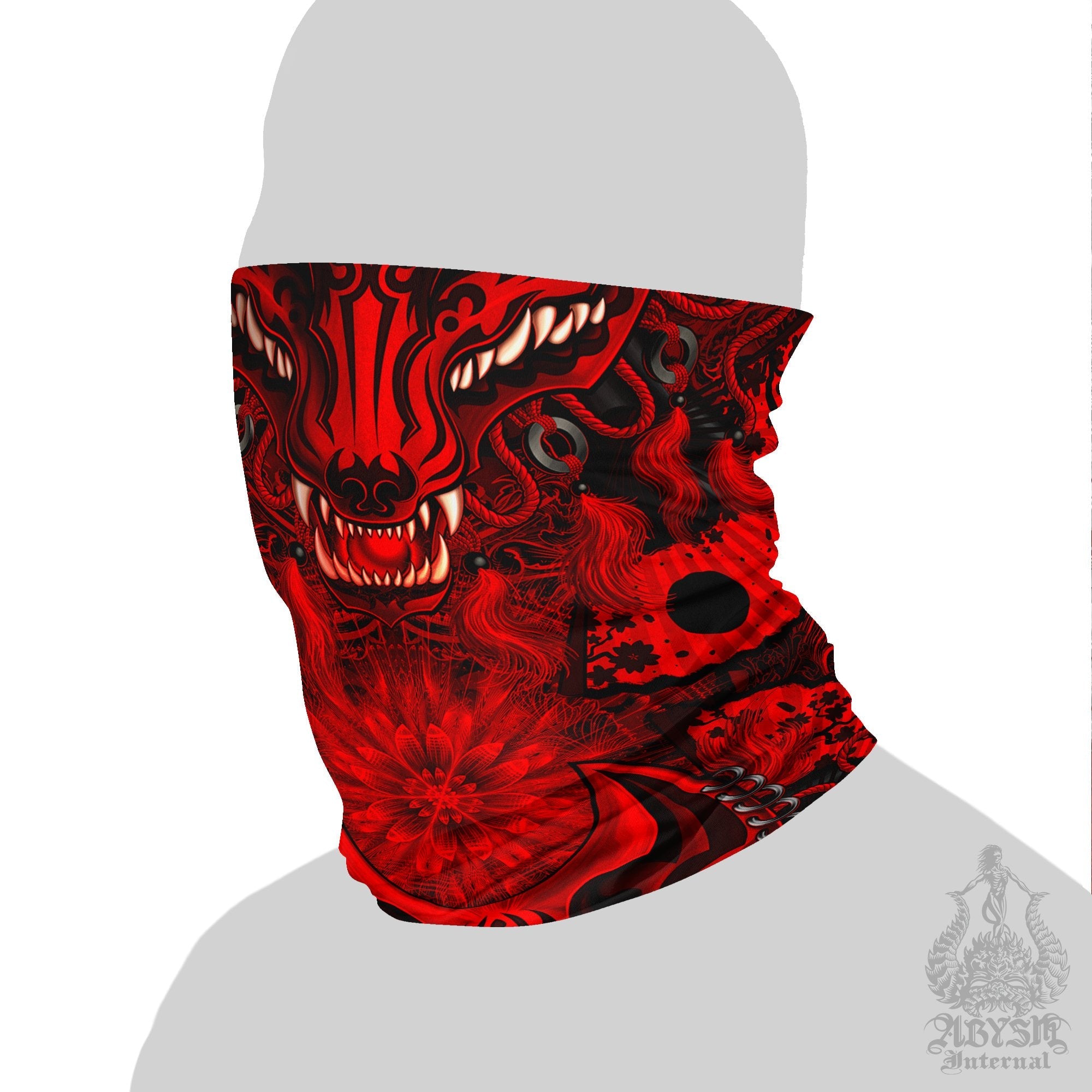 Kitsune Neck Gaiter, Face Mask, Head Covering, Japanese Fox, Okami, Anime and Gamer Gift - Bloody Black - Abysm Internal