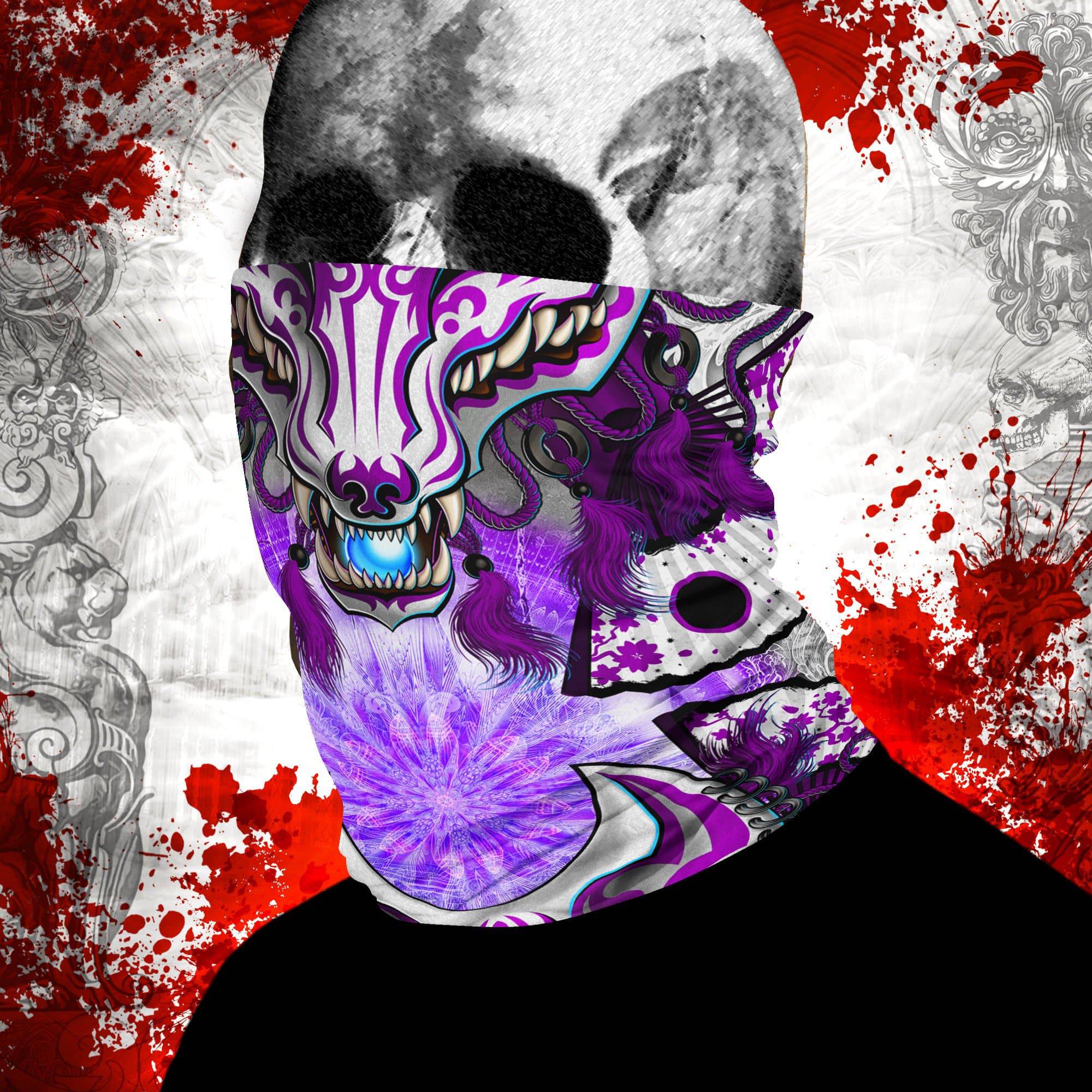 Kitsune Neck Gaiter, Face Mask, Head Covering, Japanese Fox, Okami, Anime and Gamer Gift - Pastel Goth, White & Purple - Abysm Internal
