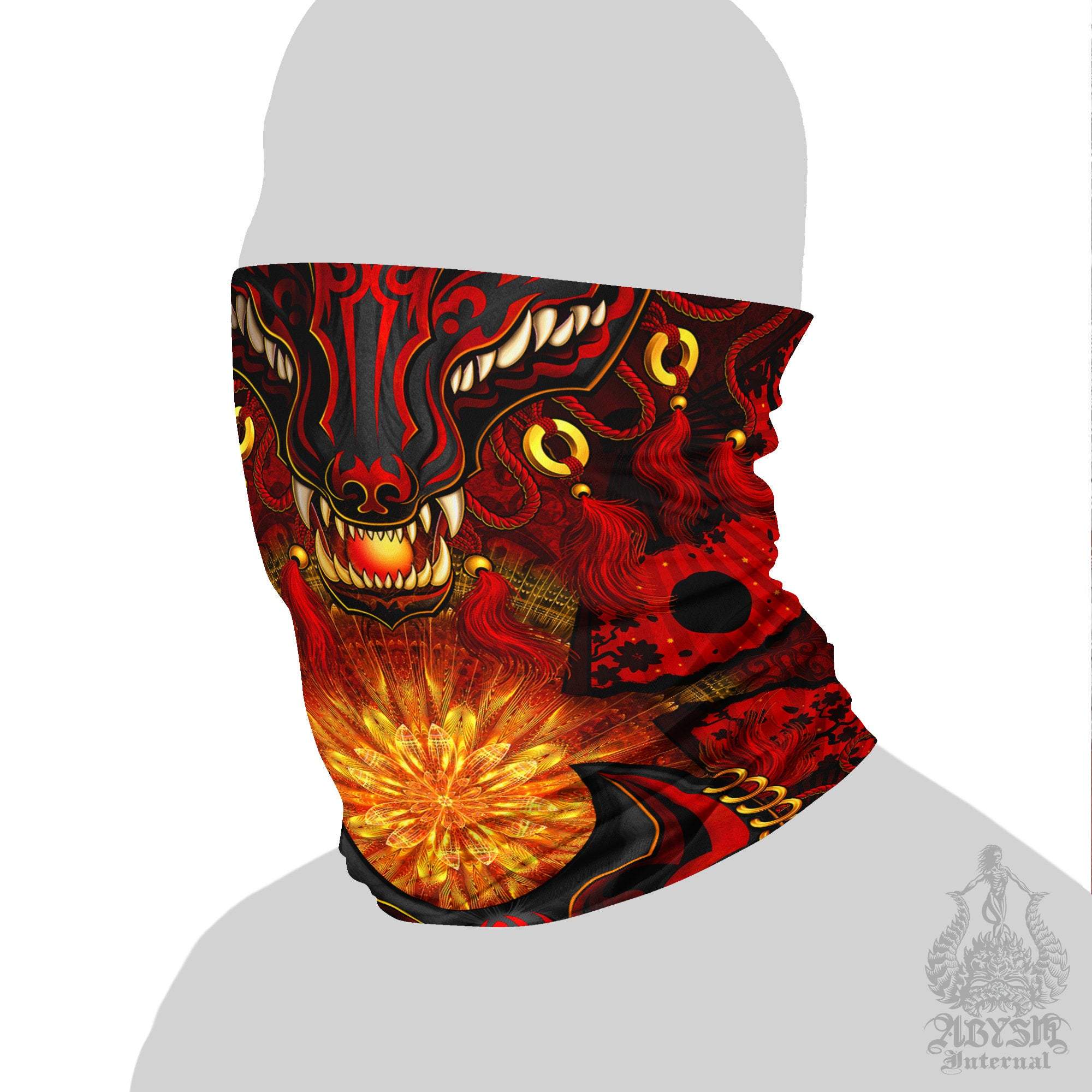 Kitsune Neck Gaiter, Face Mask, Head Covering, Japanese Fox, Okami, Anime and Gamer Gift - Red & Gold - Abysm Internal