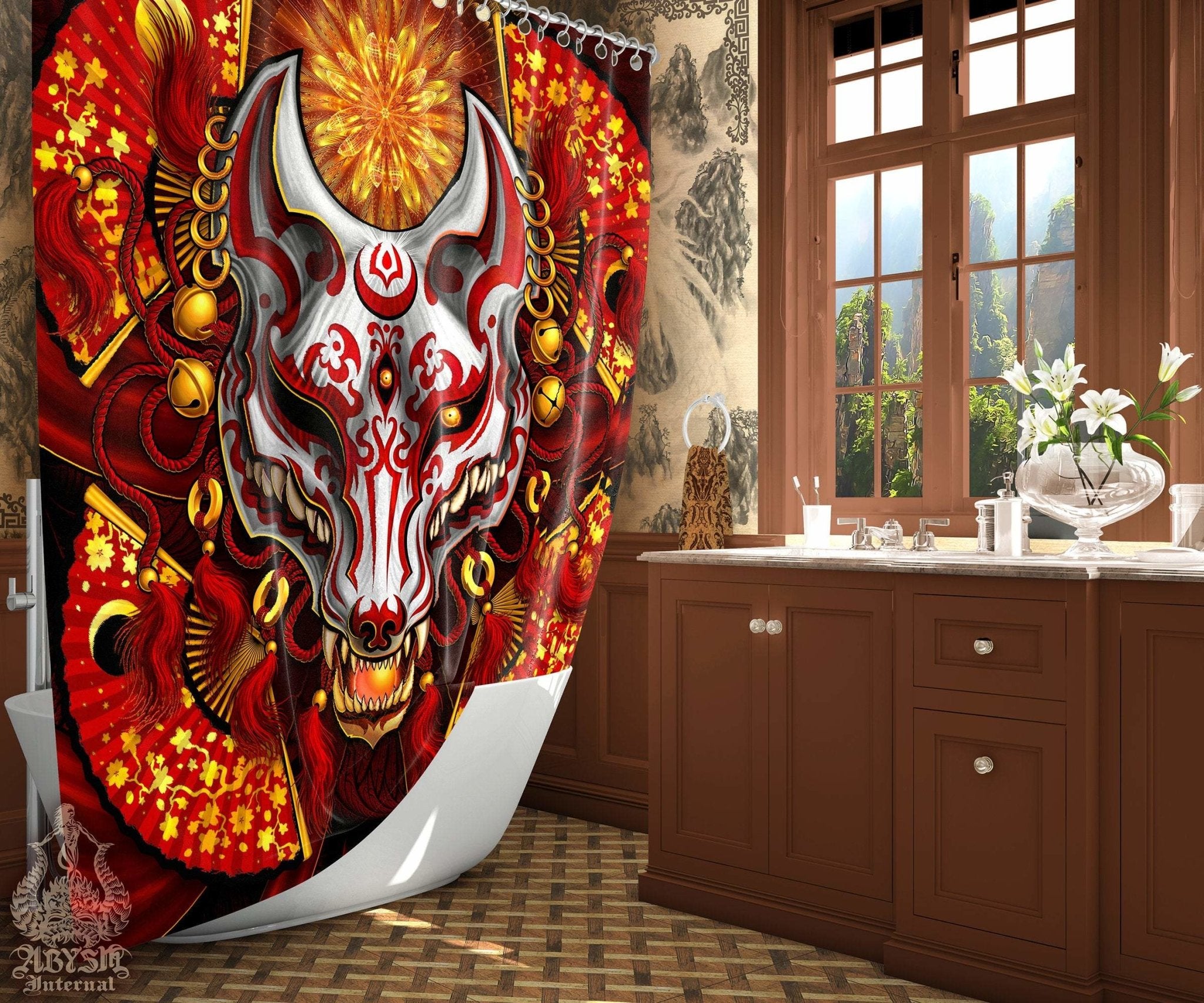 Kitsune Shower Curtain, Japanese Fox Mask, Okami, Anime and Gamer Bathroom Decor, Eclectic and Funky Home - Red & White - Abysm Internal
