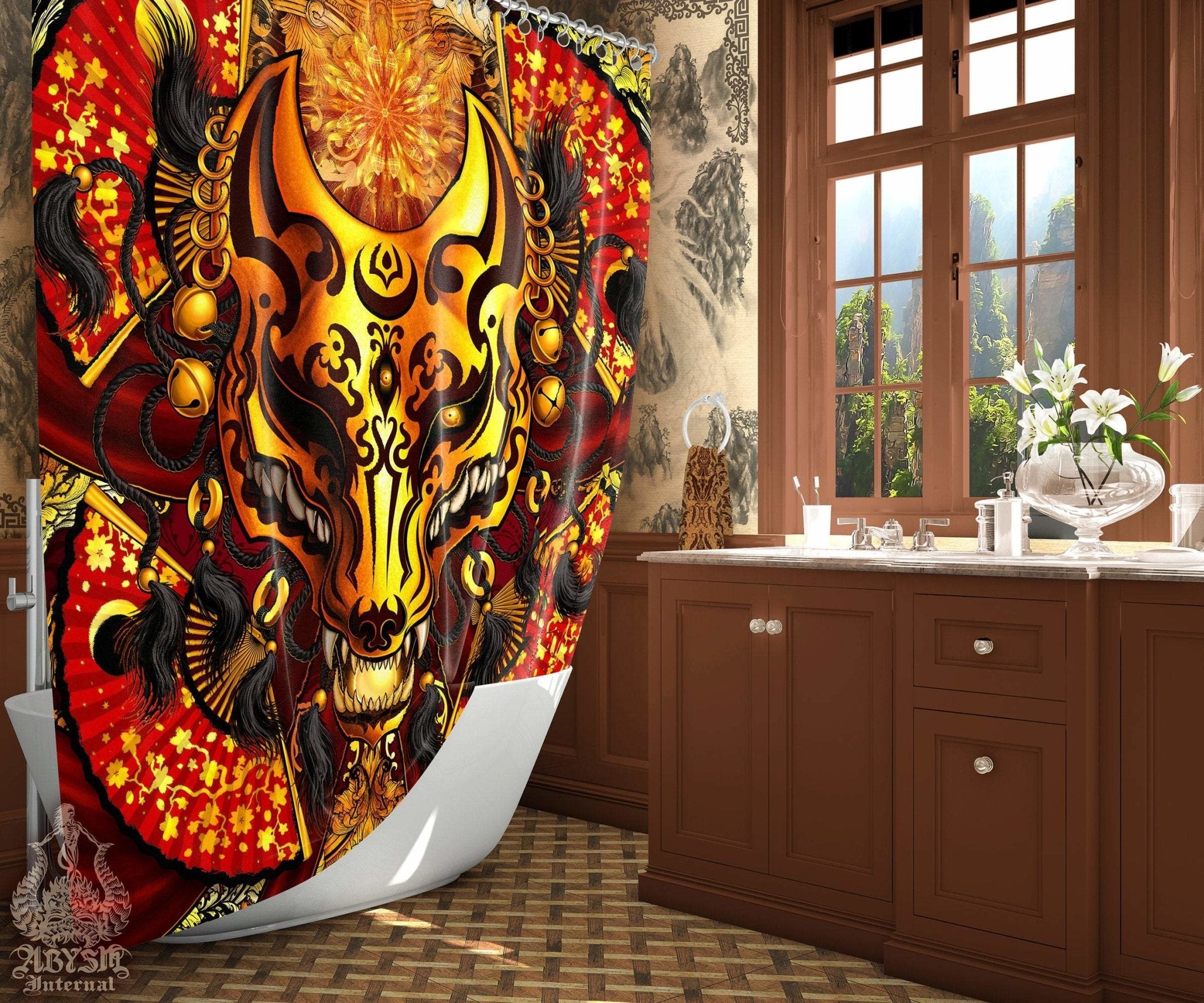 Kitsune Shower Curtain, Japanese Fox Mask, Okami, Anime and Gamer Bathroom Decor - Gold - Abysm Internal