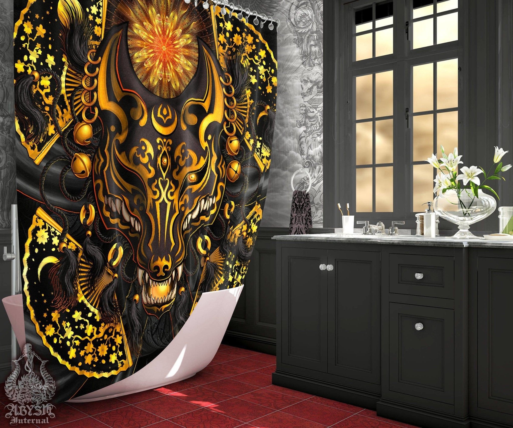 Kitsune Shower Curtain, Japanese Fox Mask, Okami, Gamer and Anime Bathroom Decor - Black & Gold - Abysm Internal