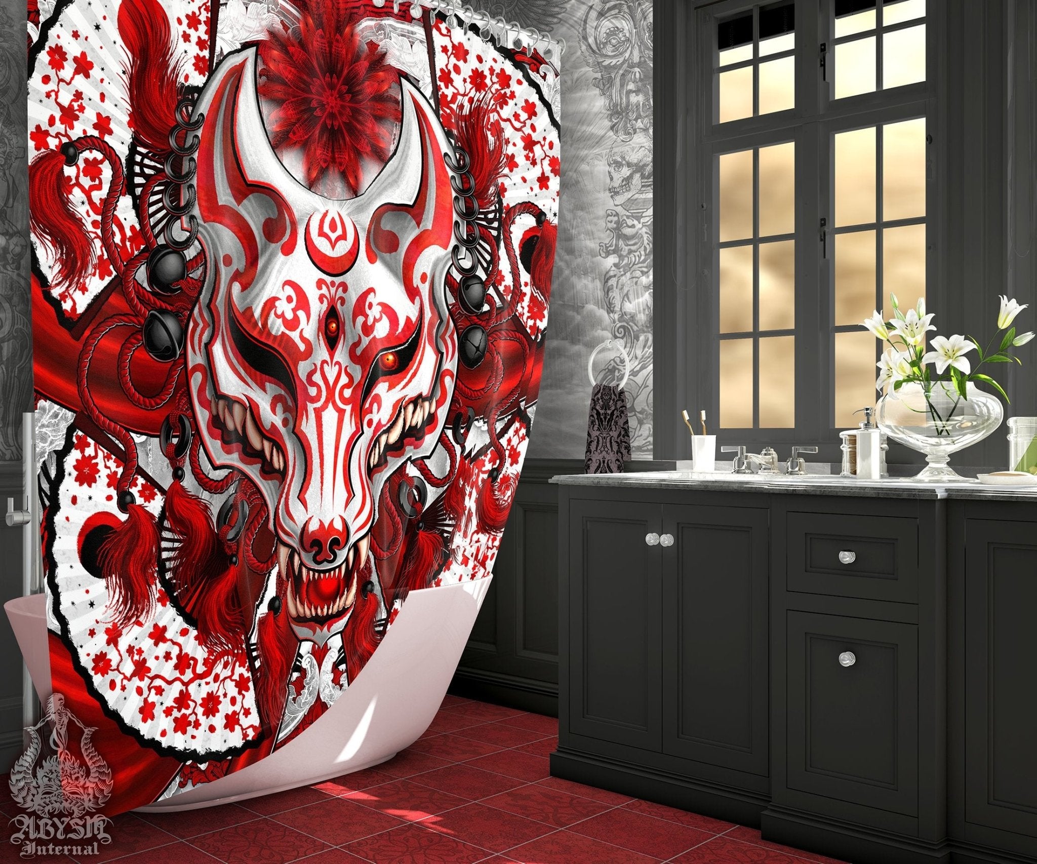 Kitsune Shower Curtain, Okami, Fantasy Bathroom Decor, Gamer, Anime, Fox Mask Art - Bloody Black - Abysm Internal