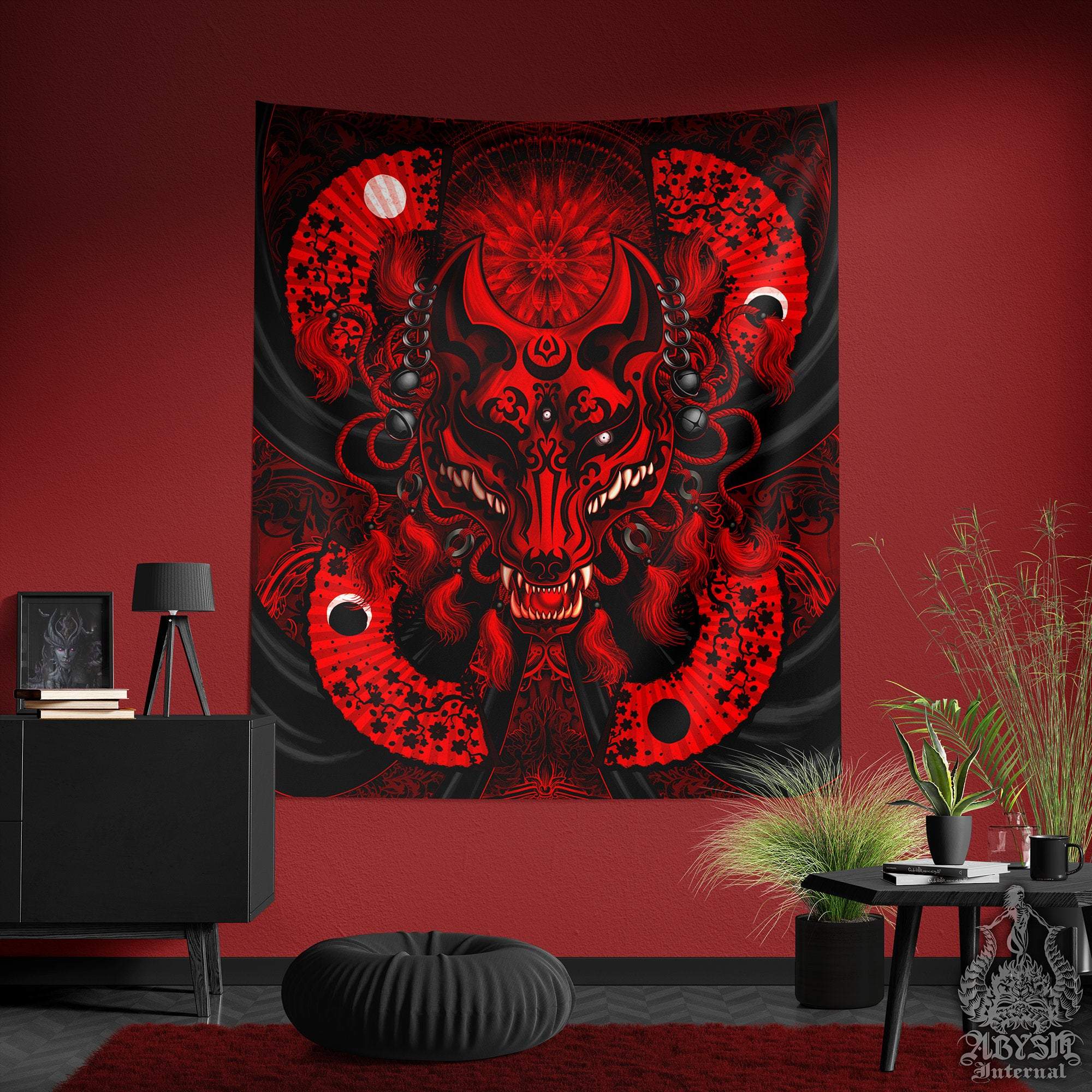 Kitsune Tapestry, Gothic Wall Hanging, Anime and Gamer Home Decor,, Okami, Fox Mask - Bloody Black - Abysm Internal