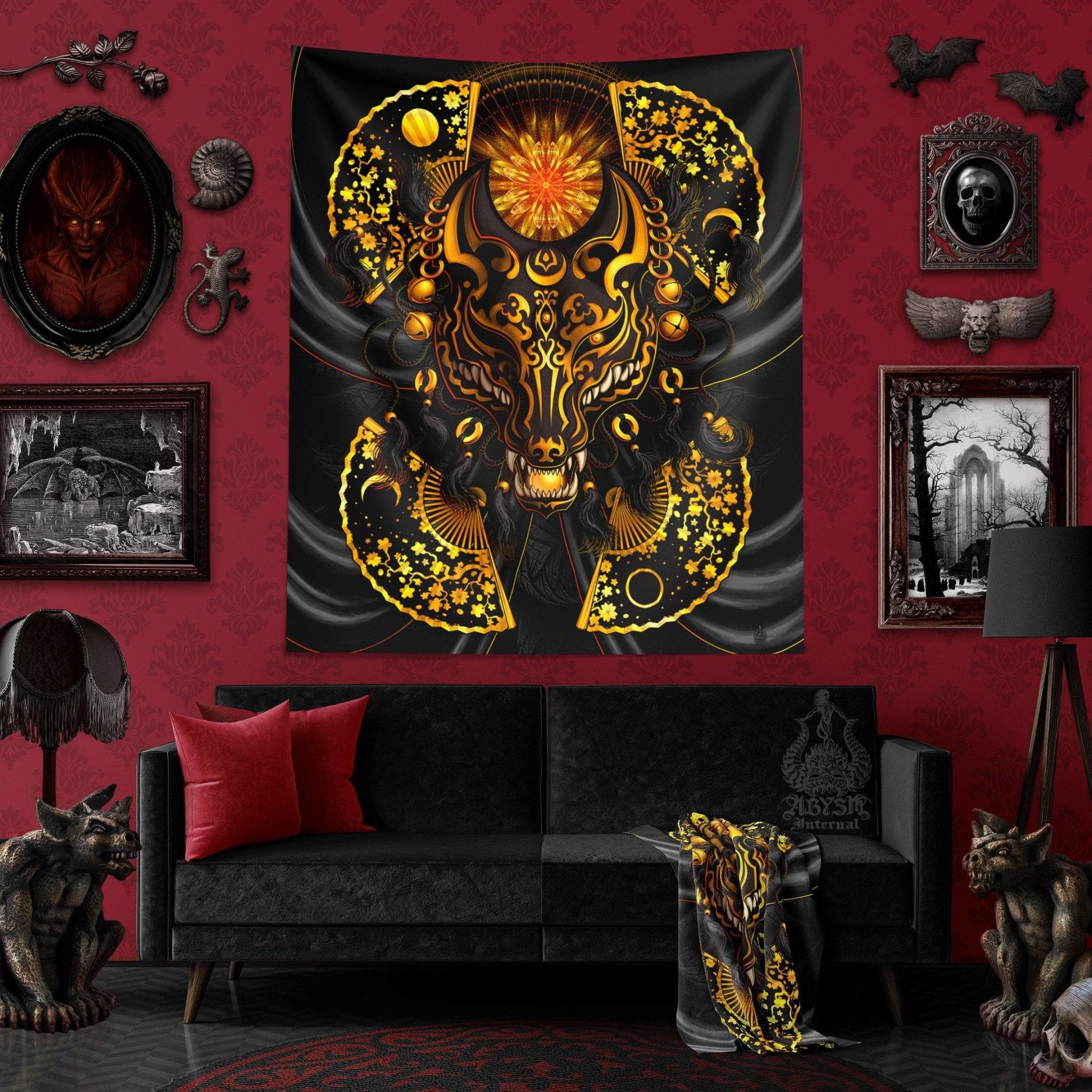 Kitsune Tapestry, Japanese Wall Hanging, Anime and Gamer Home Decor, Art Print, Okami, Fox Mask - Black & Gold - Abysm Internal
