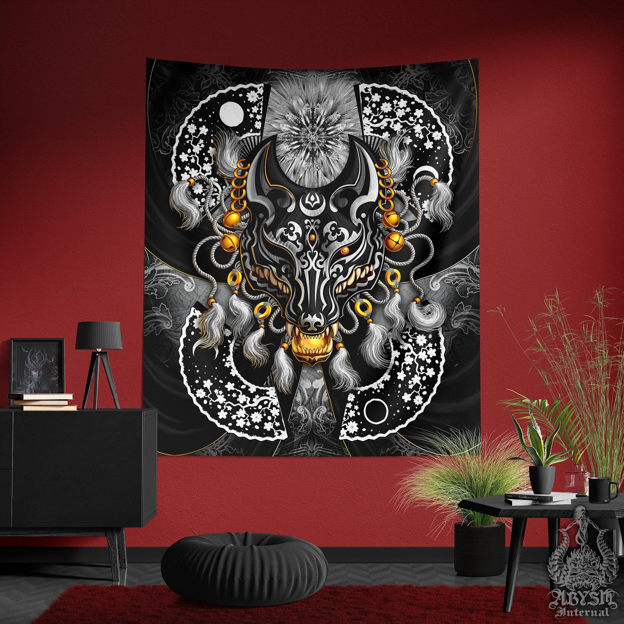 Kitsune Tapestry, Japanese Wall Hanging, Anime and Gamer Home Decor, Art Print, Okami, Fox Mask, Eclectic and Funky - Black & White - Abysm Internal