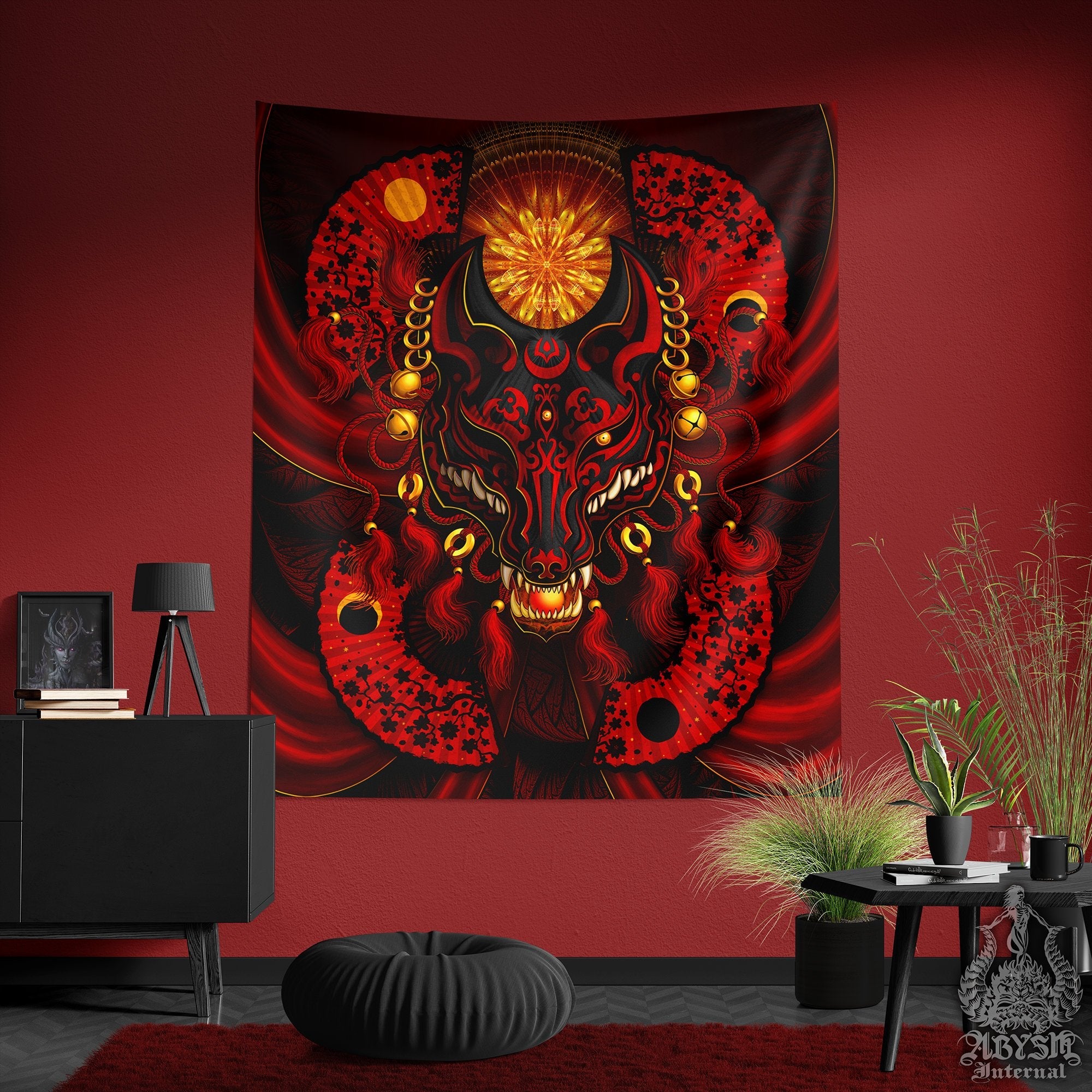 Kitsune Tapestry, Japanese Wall Hanging, Anime and Gamer Home Decor, Art Print, Okami, Fox Mask, Eclectic and Funky - Red & Black - Abysm Internal