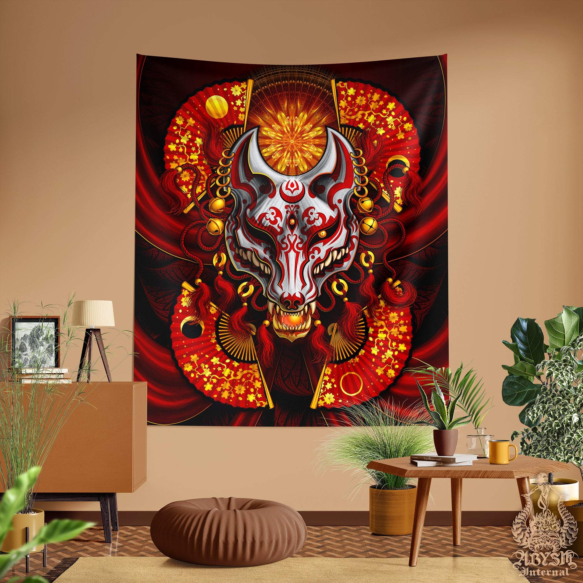 Kitsune Tapestry, Japanese Wall Hanging, Anime and Gamer Home Decor, Art Print, Okami, Fox Mask, Eclectic and Funky - Red & White - Abysm Internal