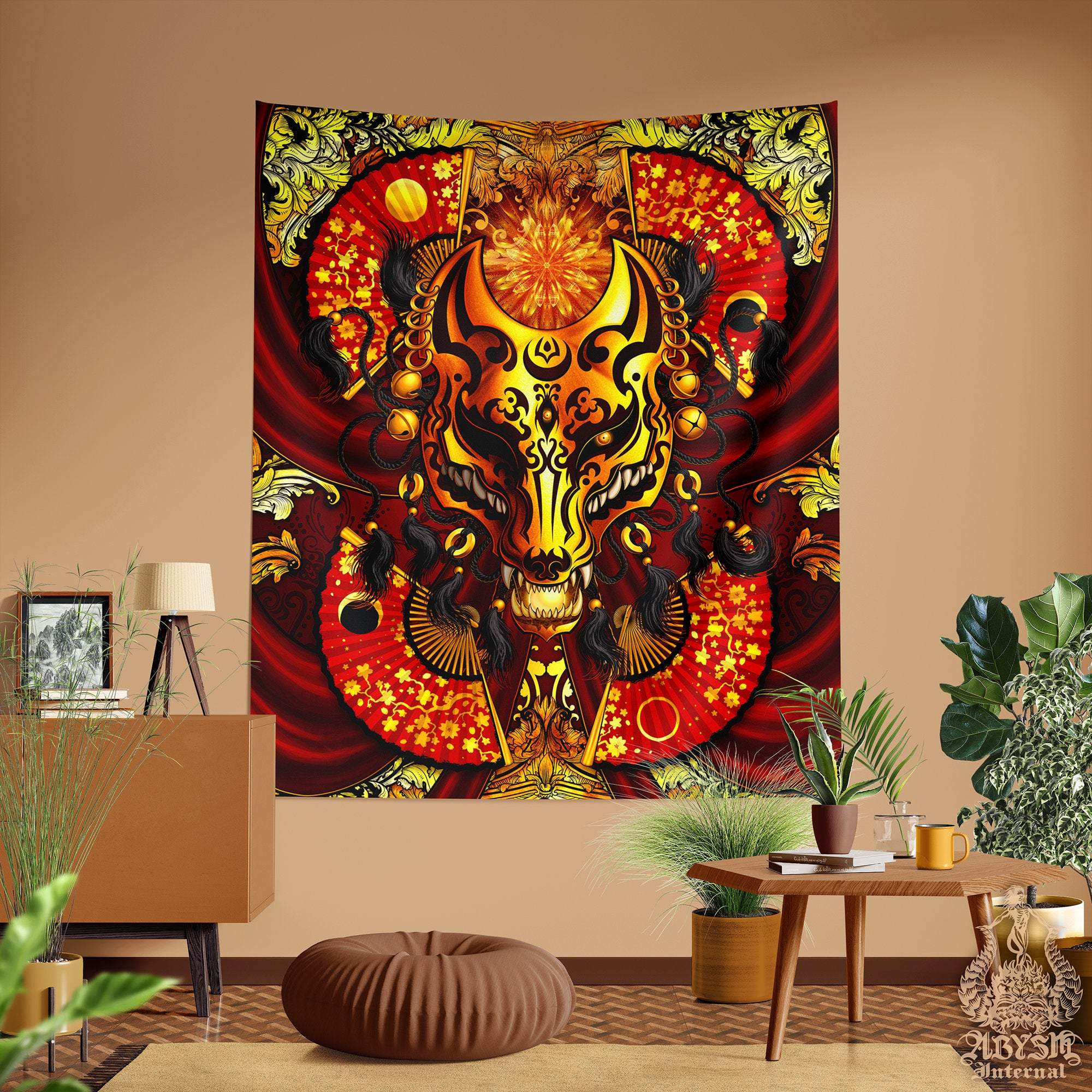 Kitsune Tapestry, Japanese Wall Hanging, Anime and Gamer Home Decor, Art Print, Okami, Fox Mask - Gold - Abysm Internal