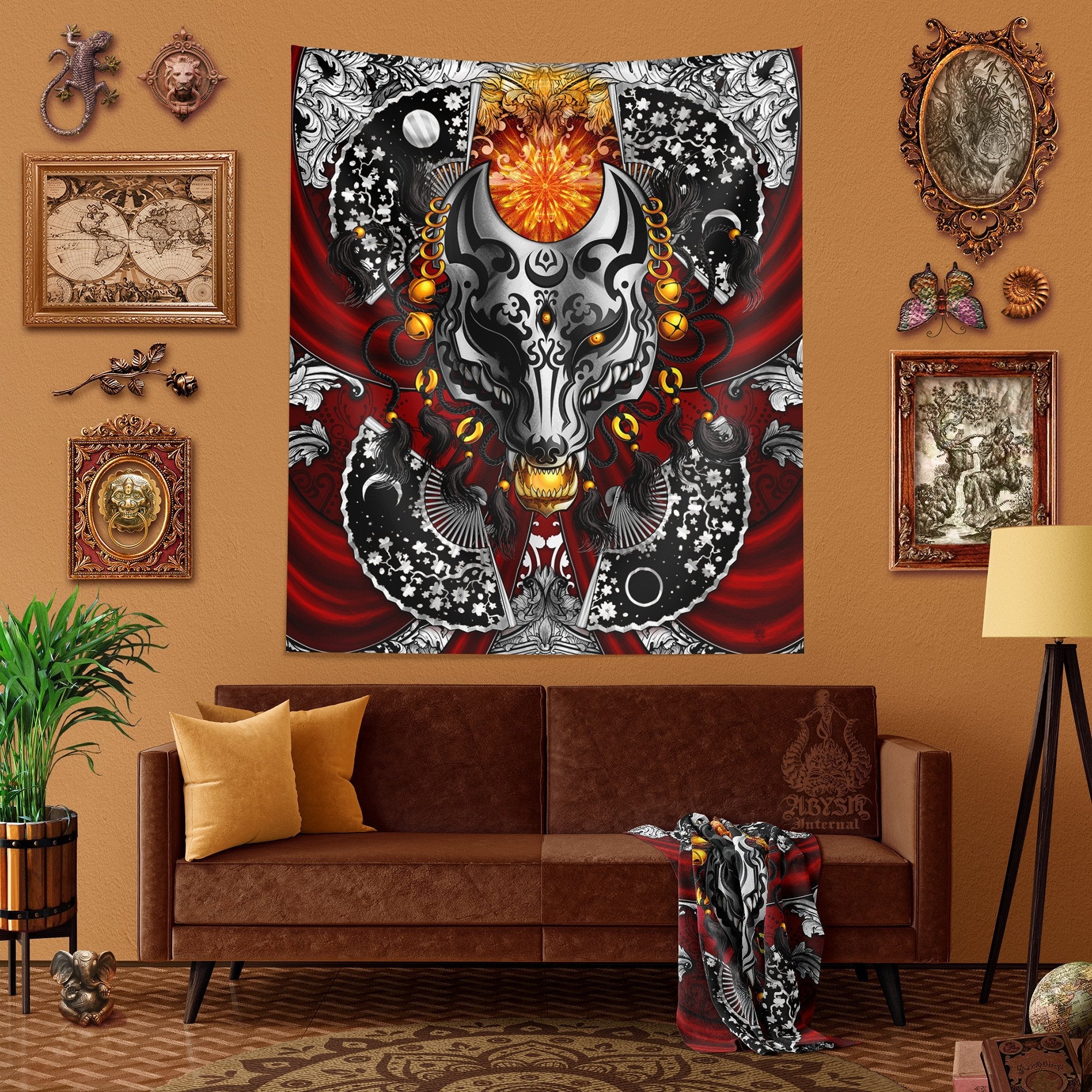 Kitsune Tapestry, Japanese Wall Hanging, Anime and Gamer Home Decor, Art Print, Okami, Fox Mask - Silver - Abysm Internal