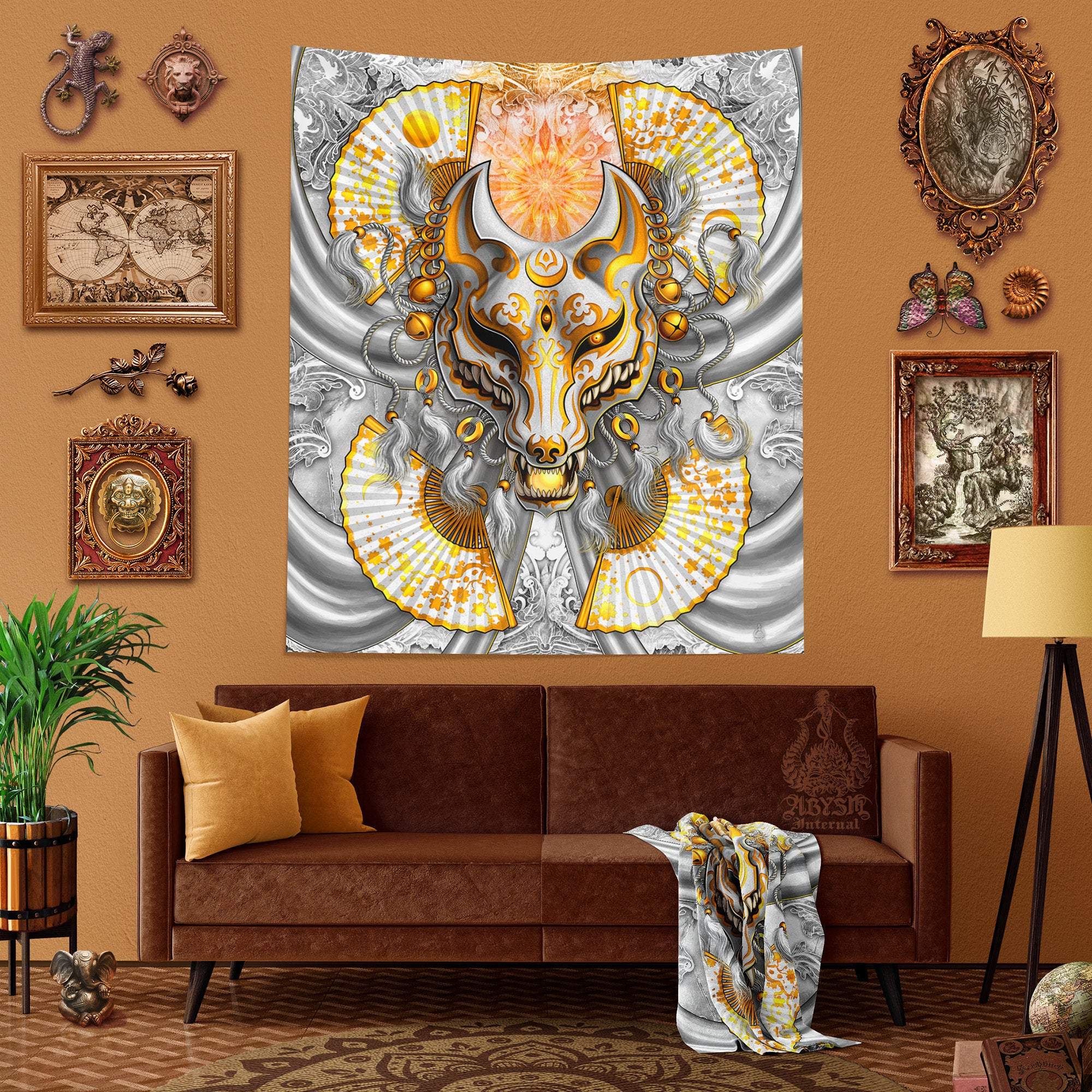Kitsune Tapestry, Japanese Wall Hanging, Anime and Gamer Home Decor, Art Print, Okami, Fox Mask - White & Gold - Abysm Internal