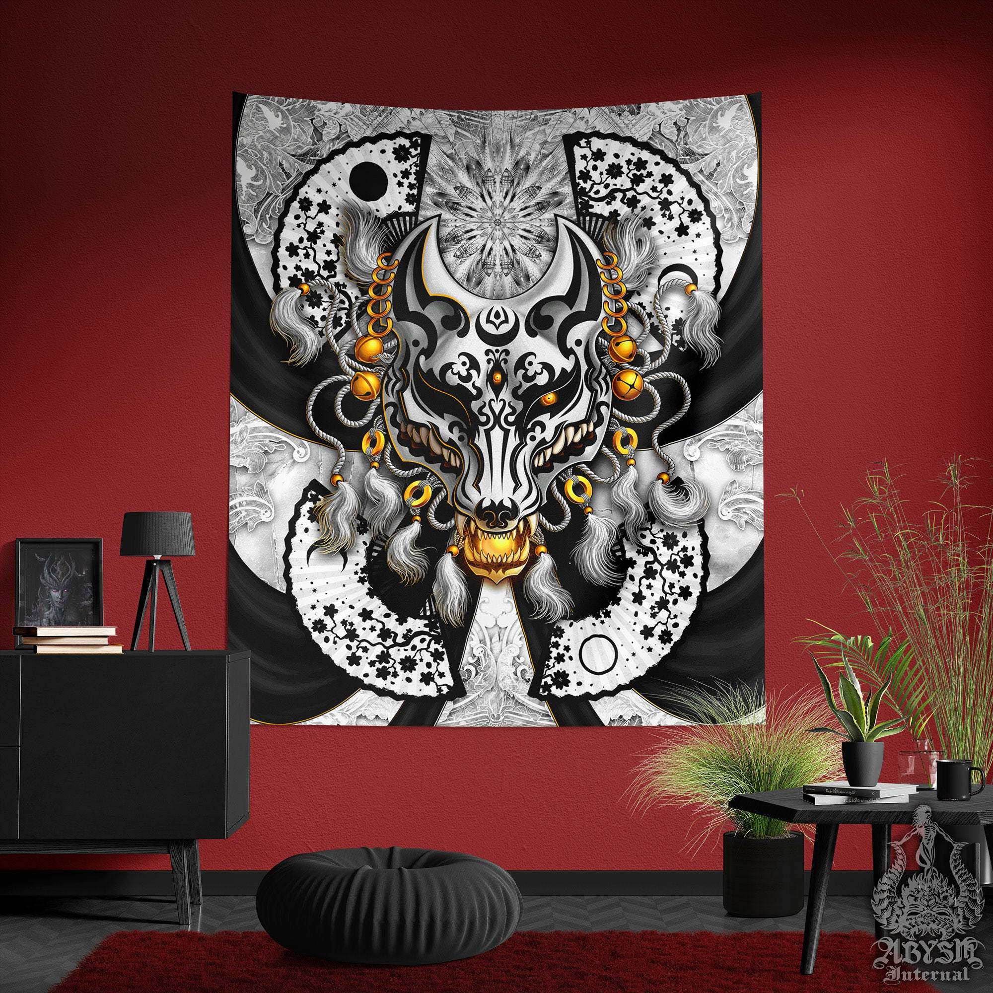 Kitsune Tapestry, Japanese Wall Hanging, Anime and Gamer Home Decor, Art Print, Okami, Fox Mask - White Goth - Abysm Internal