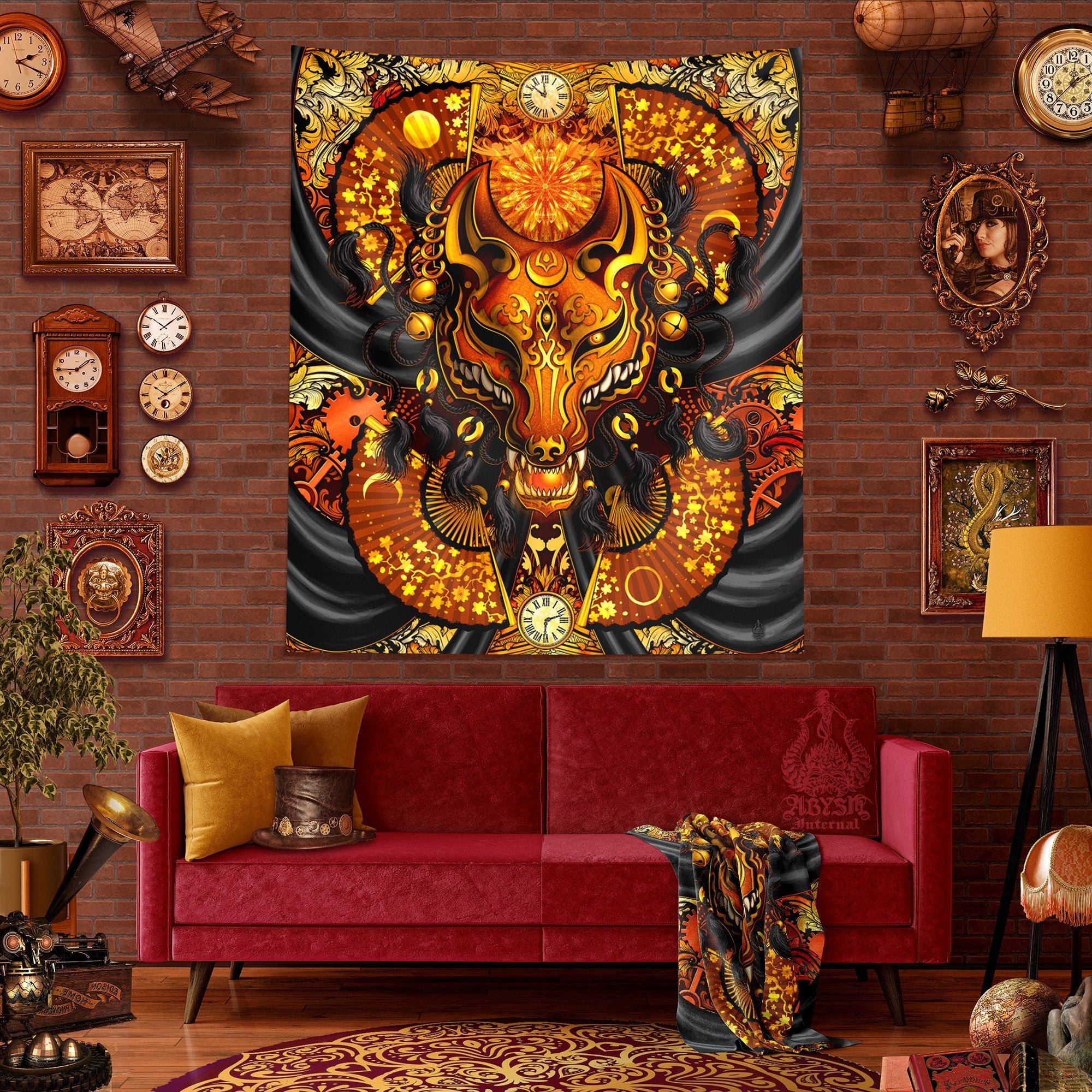 Kitsune Tapestry, Japanese Wall Hanging, Anime Home Decor, Art Print, Okami, Fox Mask - Steampunk - Abysm Internal