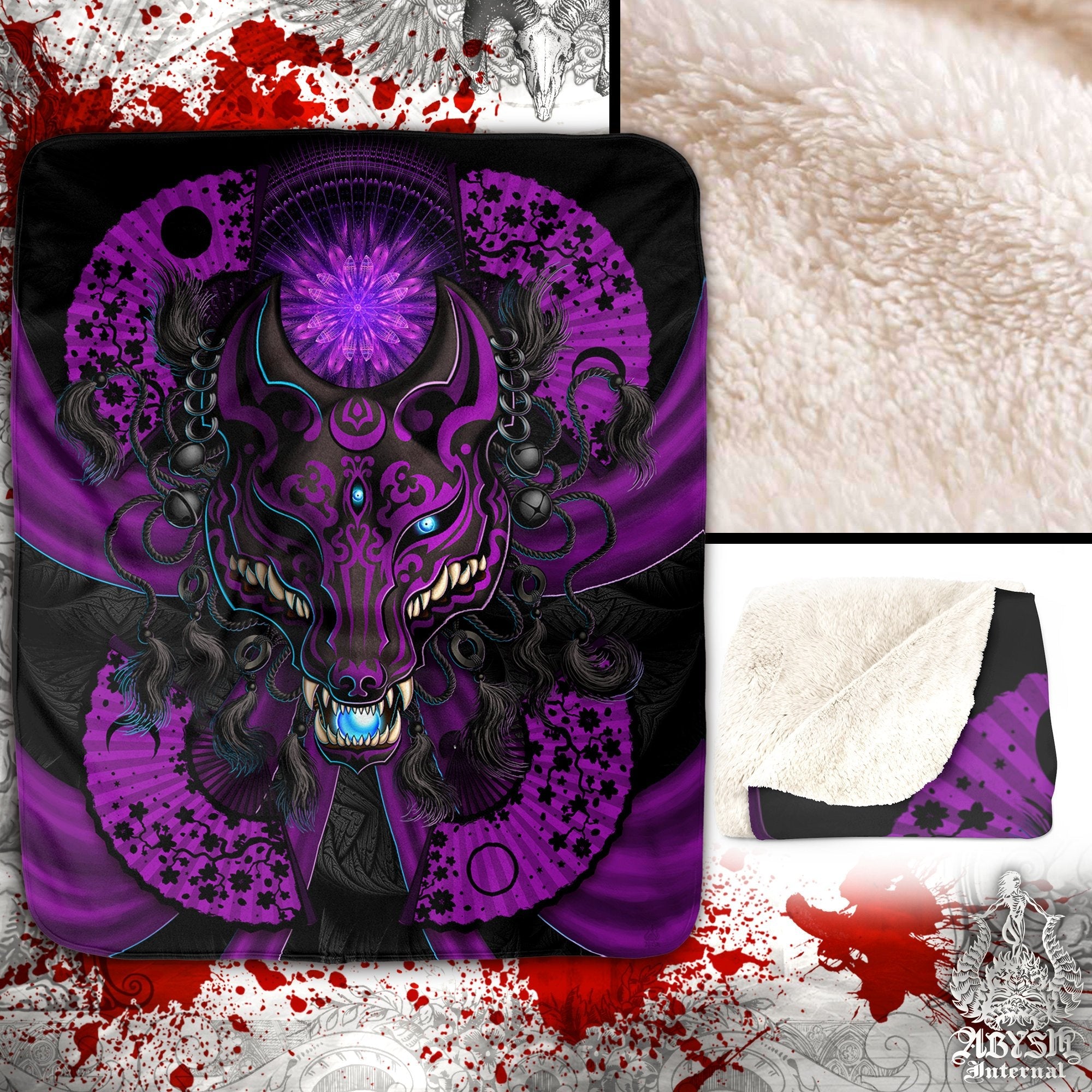 Kitsune Throw Fleece Blanket, Okami, Japanese Fox Mask, Anime and Gamer Decor, Alternative Art Gift - Pastel Goth, Black & Purple - Abysm Internal