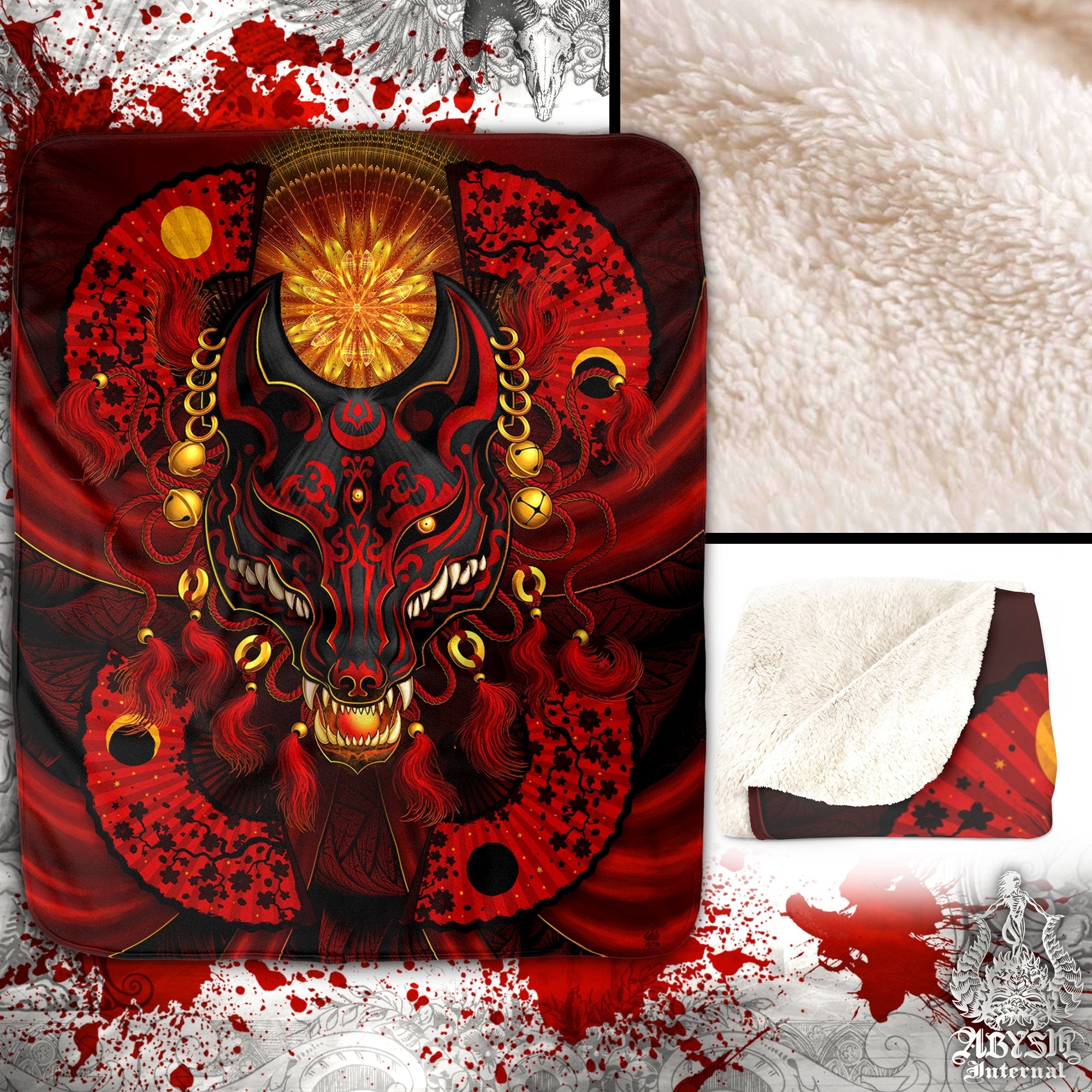 Kitsune Throw Fleece Blanket, Okami, Japanese Fox Mask, Anime and Gamer Decor, Eclectic and Funky Gift - Red & Black - Abysm Internal