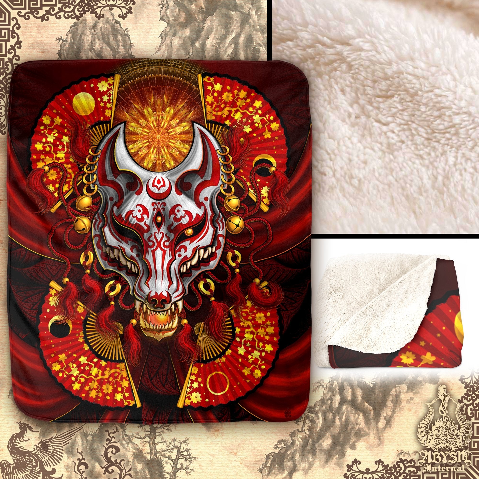 Kitsune Throw Fleece Blanket, Okami, Japanese Fox Mask, Anime and Gamer Decor, Eclectic and Funky Gift - Red & White - Abysm Internal