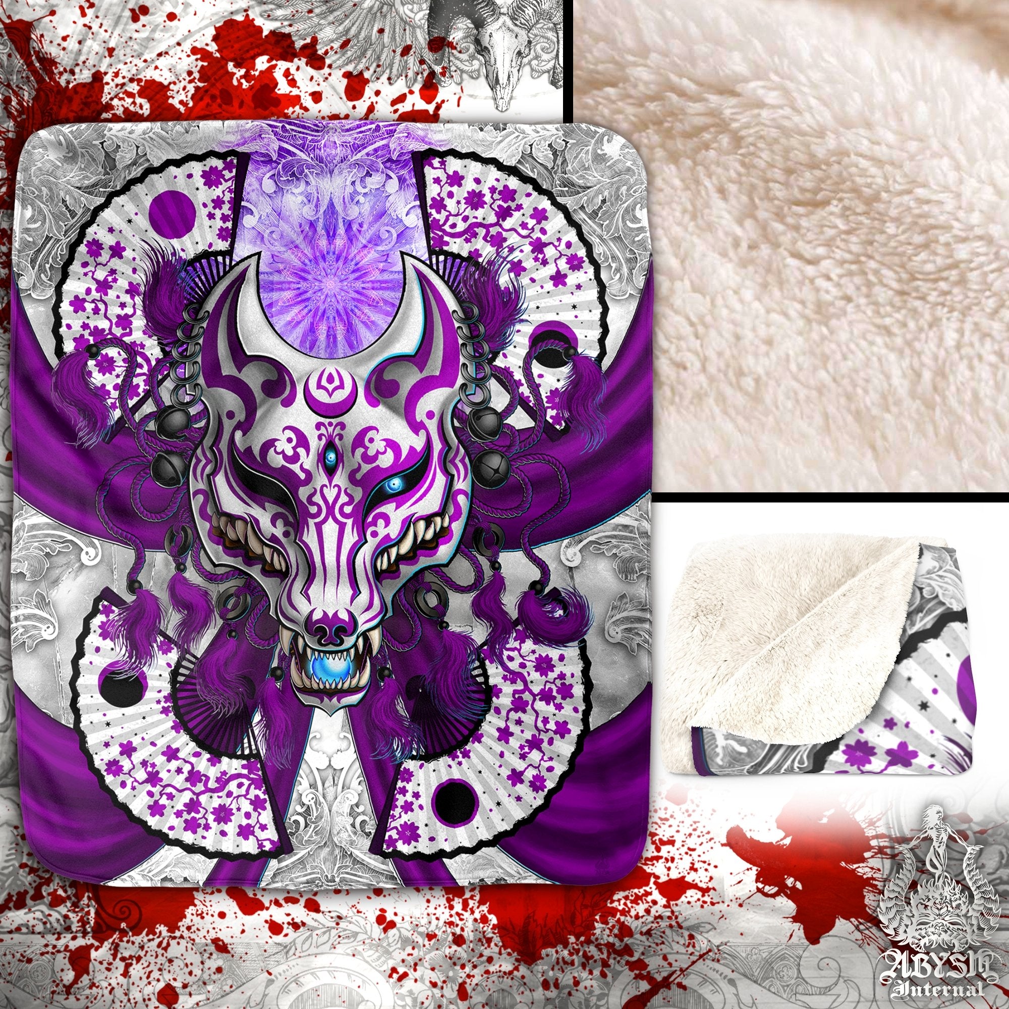 Kitsune Throw Fleece Blanket, Okami, Japanese Fox Mask, Anime and Gamer Decor - White Goth, Purple - Abysm Internal