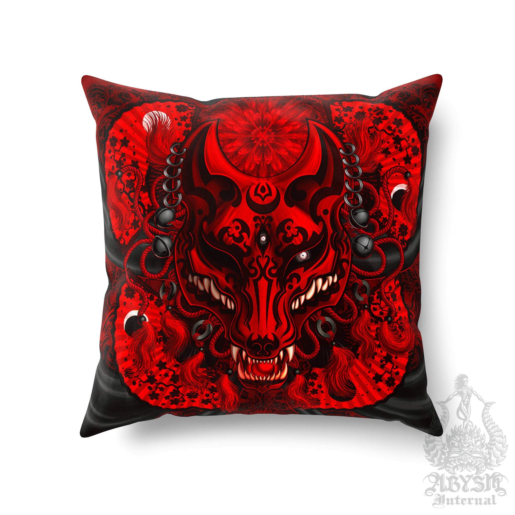 Kitsune Throw Pillow, Decorative Accent Cushion, Anime, Fox Mask, Okami, Japanese Art, Alternative Home - Bloody Red & Black - Abysm Internal