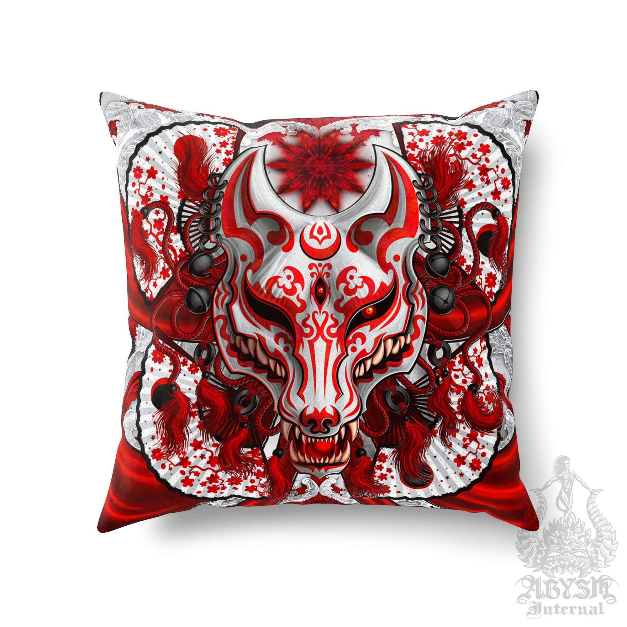 Kitsune Throw Pillow, Decorative Accent Cushion, Anime, Fox Mask, Okami, Japanese Art, Alternative Home - Bloody Red & White - Abysm Internal