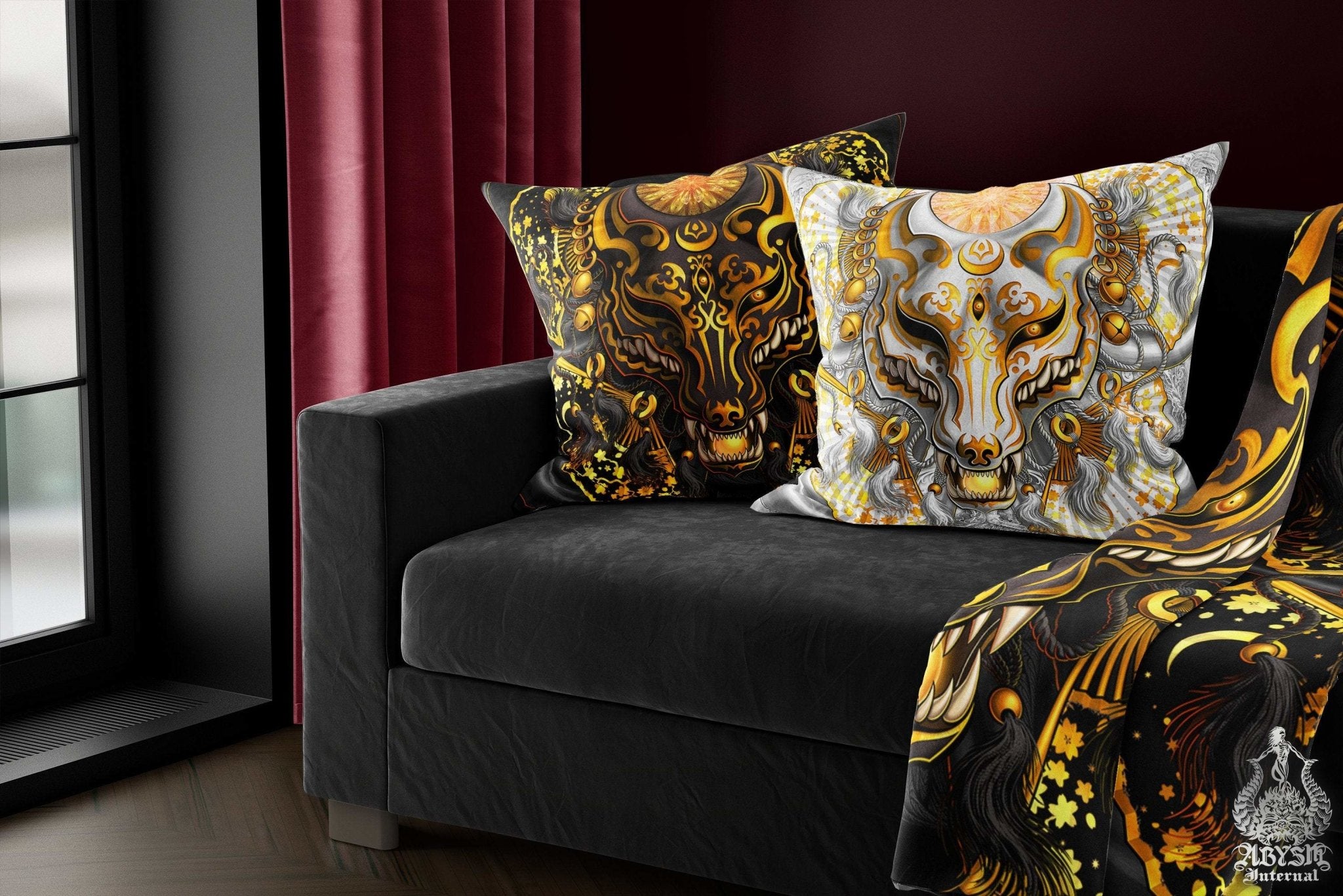 Kitsune Throw Pillow, Decorative Accent Cushion, Japanese Fox Mask, Okami, Anime and Gamer Room Decor, Alternative Home - Black & Gold - Abysm Internal