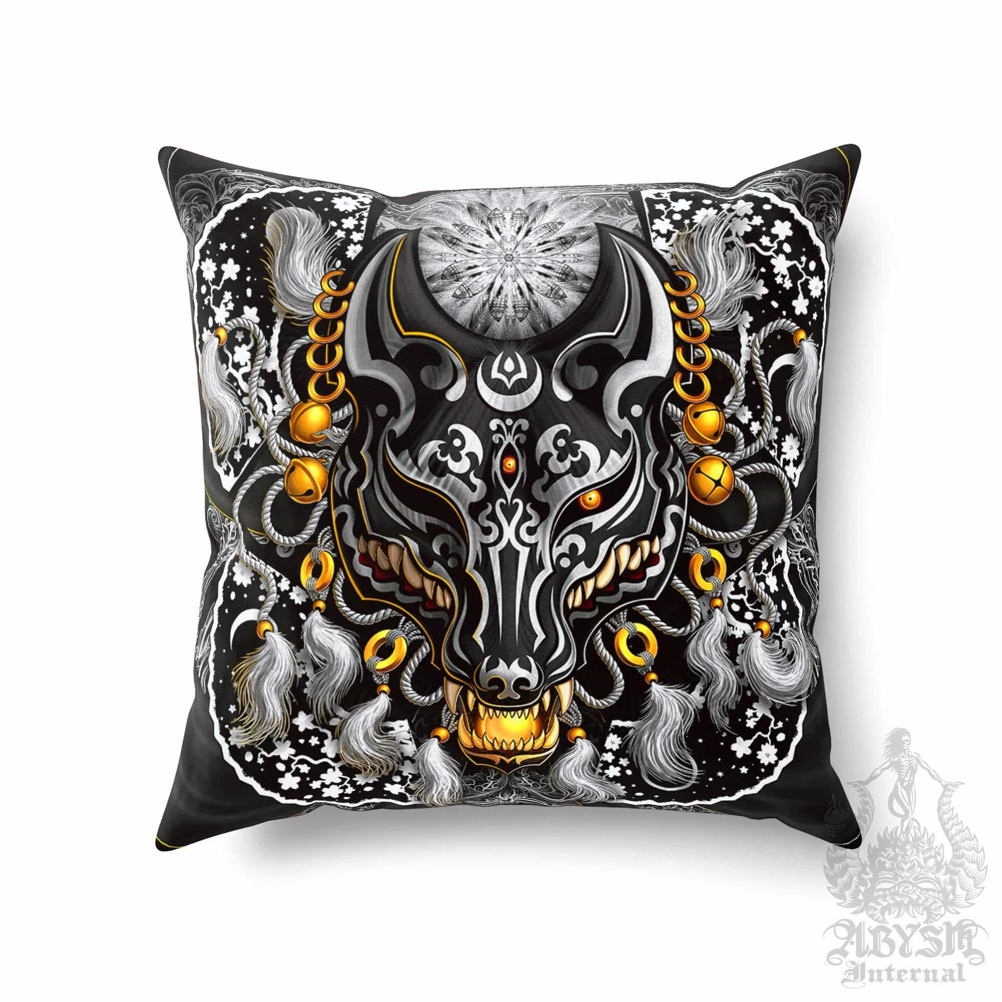 Kitsune Throw Pillow, Decorative Accent Cushion, Japanese Fox Mask, Okami, Anime and Gamer Room Decor, Alternative Home, Funky and Eclectic - Black & White - Abysm Internal