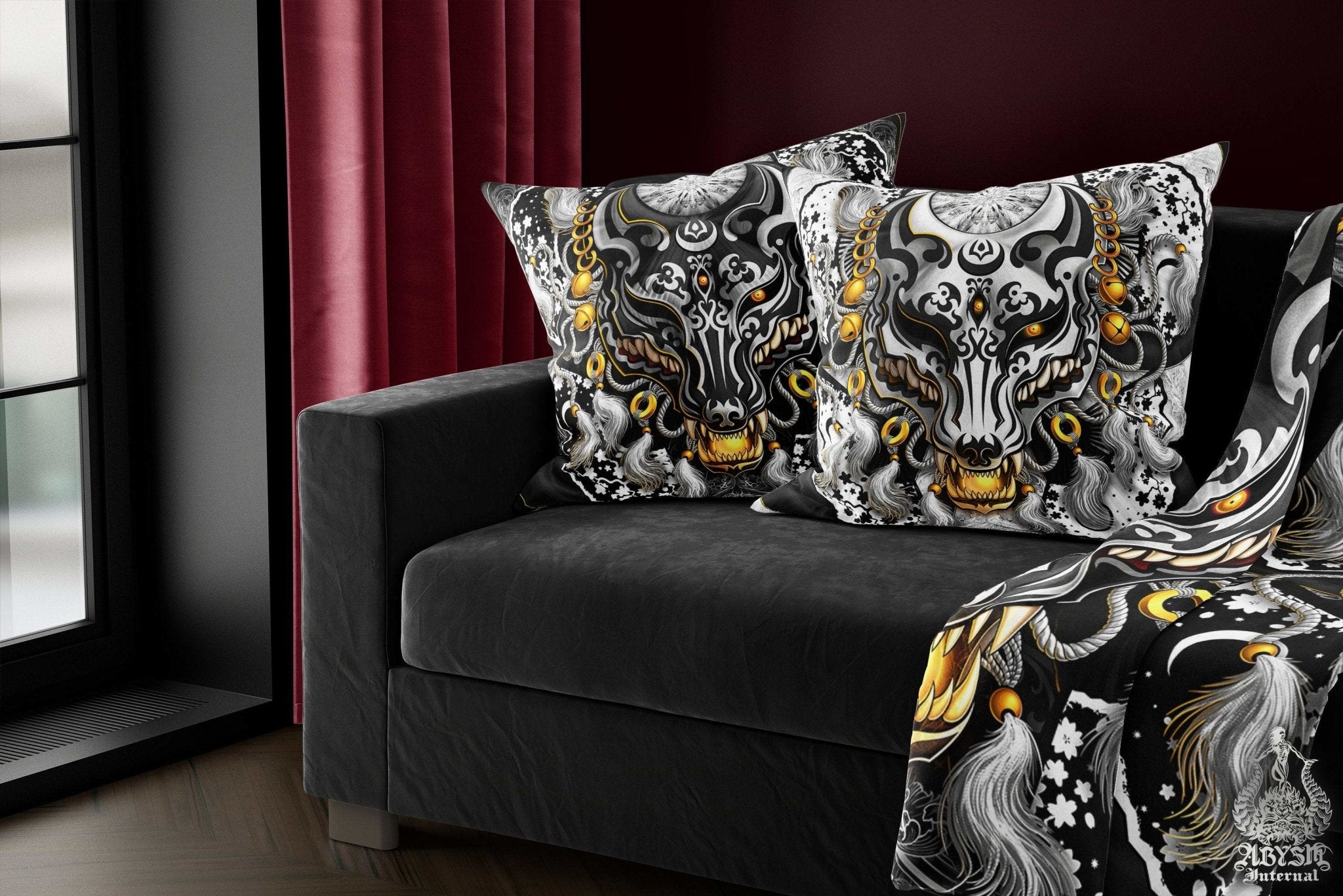 Kitsune Throw Pillow, Decorative Accent Cushion, Japanese Fox Mask, Okami, Anime and Gamer Room Decor, Alternative Home, Funky and Eclectic - Black & White - Abysm Internal
