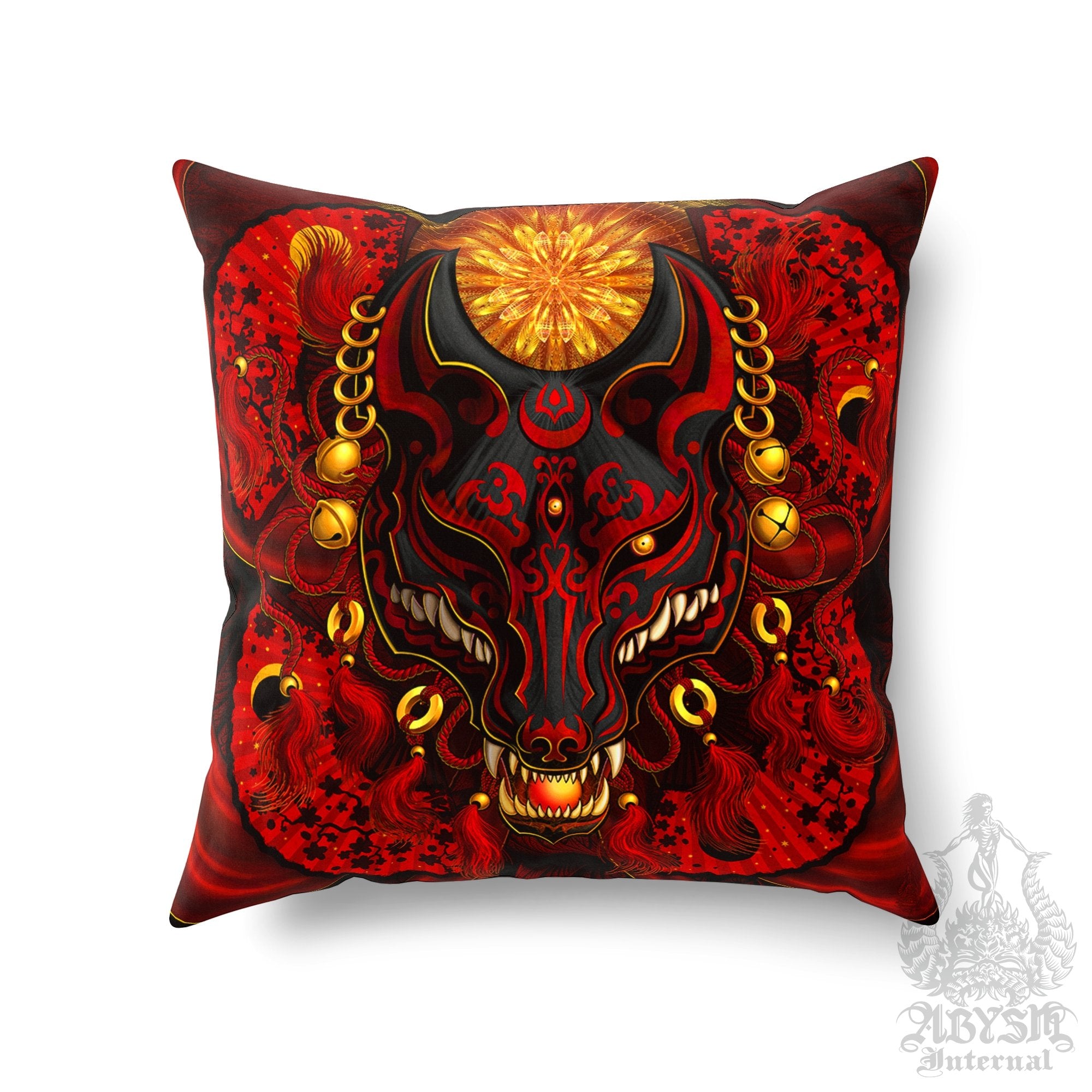 Kitsune Throw Pillow, Decorative Accent Cushion, Japanese Fox Mask, Okami, Anime and Gamer Room Decor, Alternative Home - Red & Black - Abysm Internal