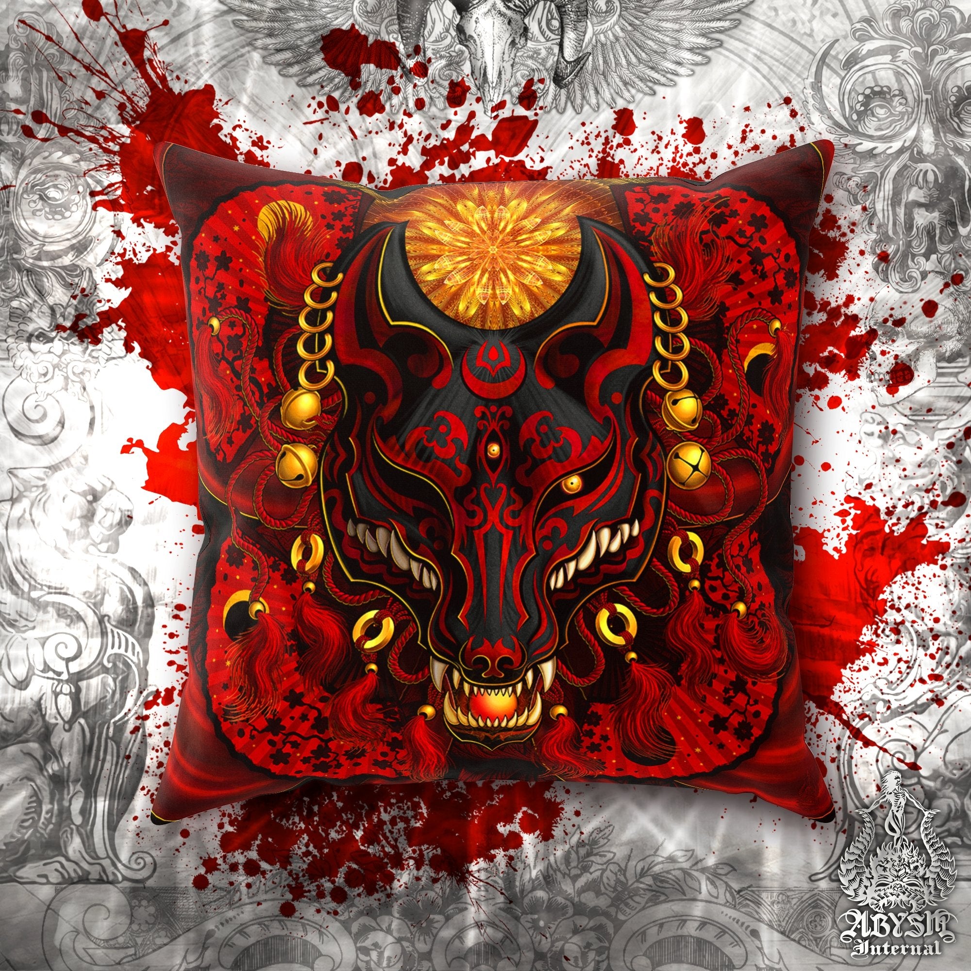 Kitsune Throw Pillow, Decorative Accent Cushion, Japanese Fox Mask, Okami, Anime and Gamer Room Decor, Alternative Home - Red & Black - Abysm Internal