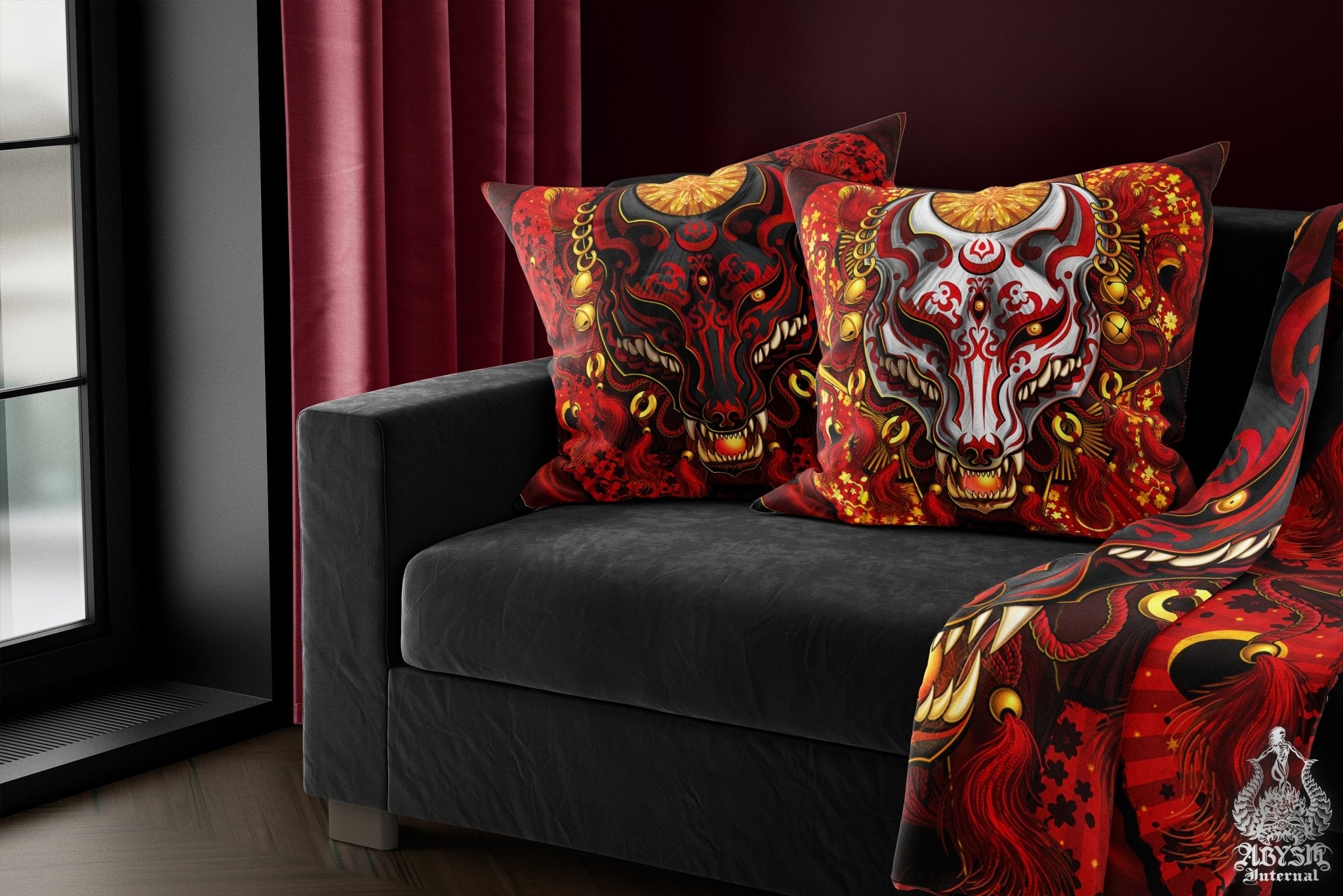 Kitsune Throw Pillow, Decorative Accent Cushion, Japanese Fox Mask, Okami, Anime and Gamer Room Decor, Alternative Home - Red & Black - Abysm Internal