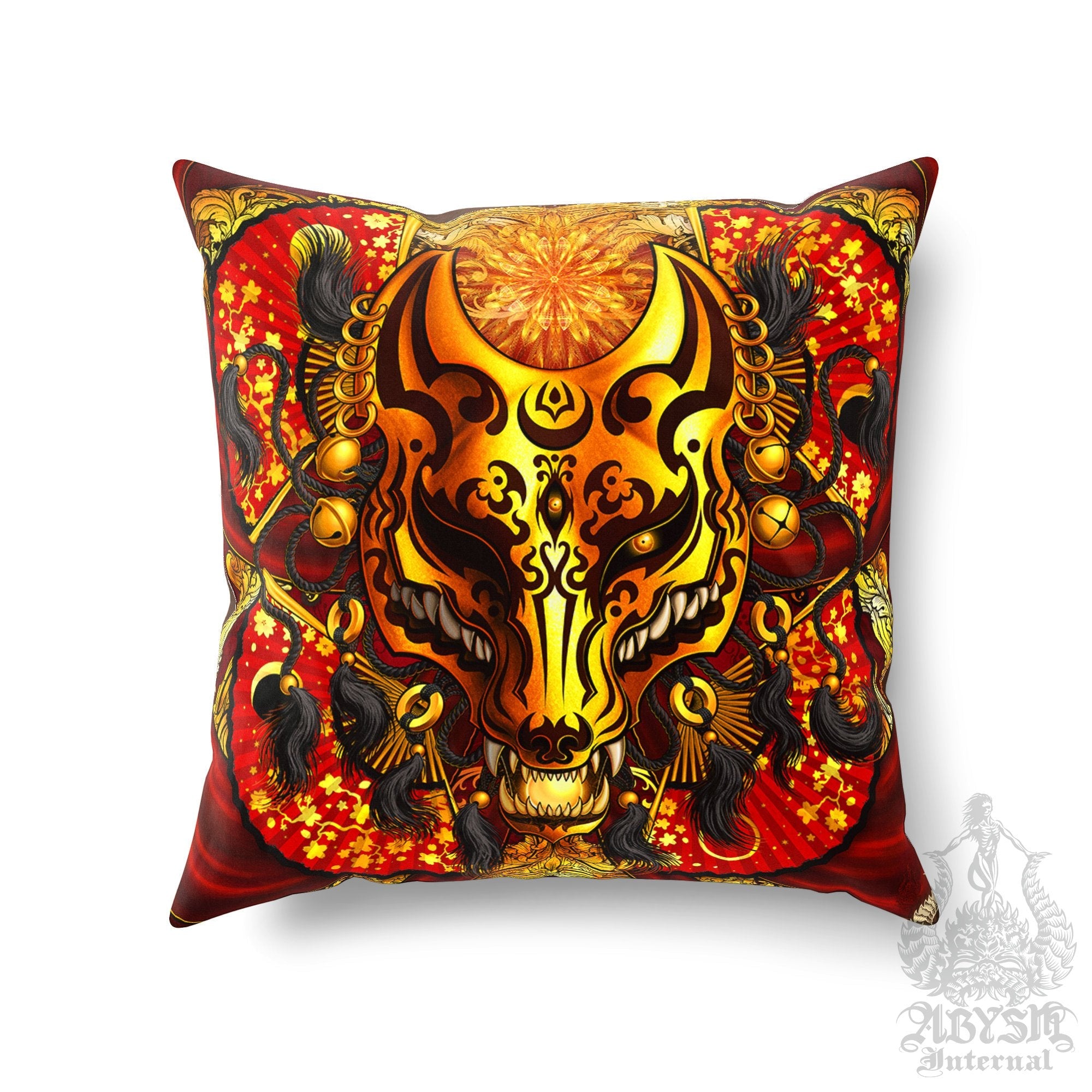 Kitsune Throw Pillow, Decorative Accent Cushion, Japanese Fox Mask, Okami, Anime and Gamer Room Decor, Eclectic Design, Funky Home - Gold - Abysm Internal