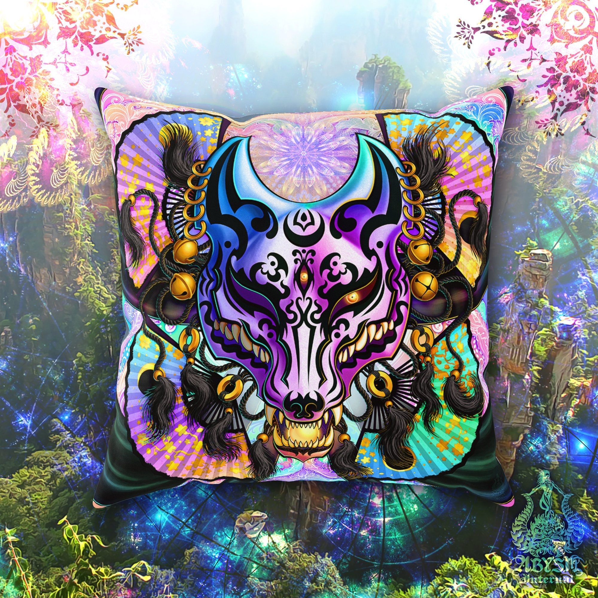 Kitsune Throw Pillow, Decorative Accent Cushion, Japanese Fox Mask, Okami, Anime and Gamer Room Decor, Funky and Eclectic Home - Holographic Pastel Punk Black - Abysm Internal