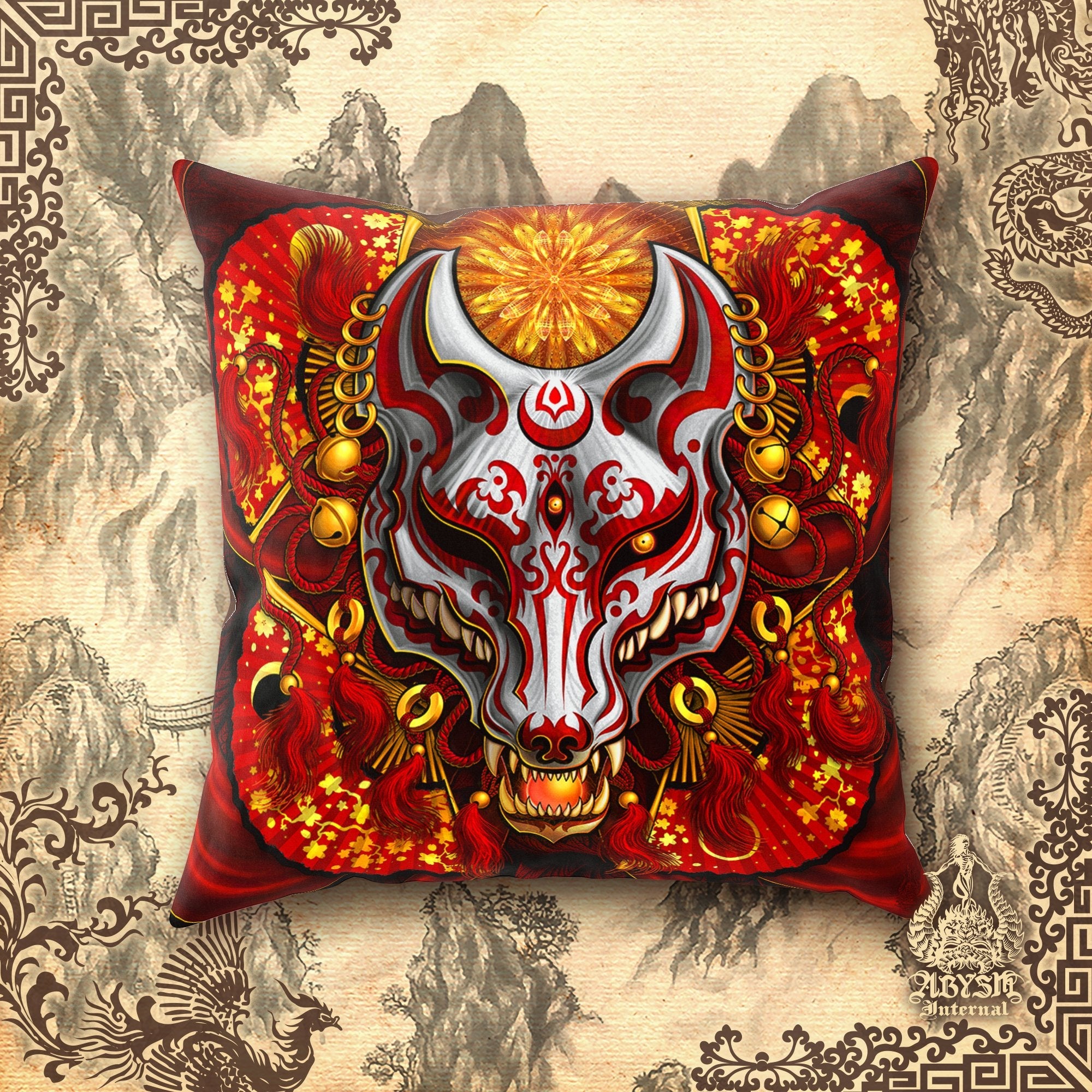 Kitsune Throw Pillow, Decorative Accent Cushion, Japanese Fox Mask, Okami, Anime and Gamer Room Decor, Funky and Eclectic Home - Red & White - Abysm Internal