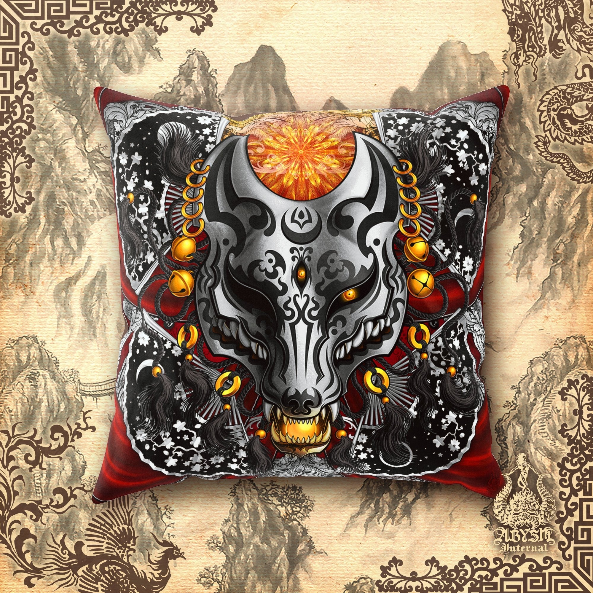Kitsune Throw Pillow, Decorative Accent Cushion, Japanese Fox Mask, Okami, Anime and Gamer Room Decor, Funky and Eclectic Home - Silver - Abysm Internal