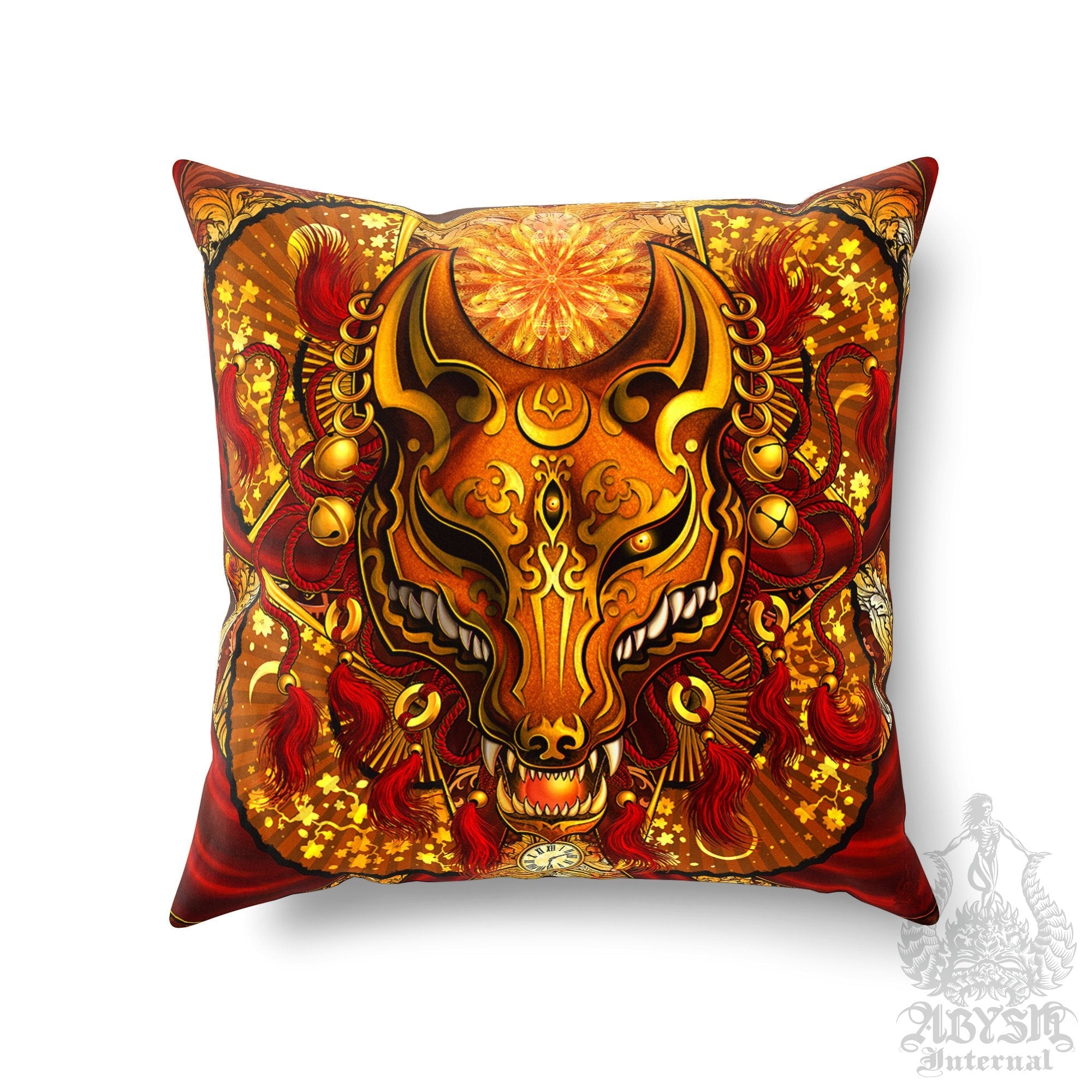 Kitsune Throw Pillow, Decorative Accent Cushion, Japanese Fox Mask, Okami, Anime and Gamer Room Decor - Steampunk, Red - Abysm Internal