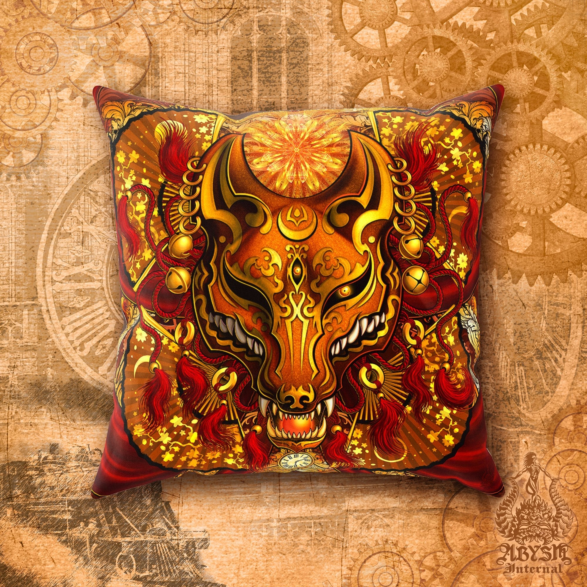 Kitsune Throw Pillow, Decorative Accent Cushion, Japanese Fox Mask, Okami, Anime and Gamer Room Decor - Steampunk, Red - Abysm Internal