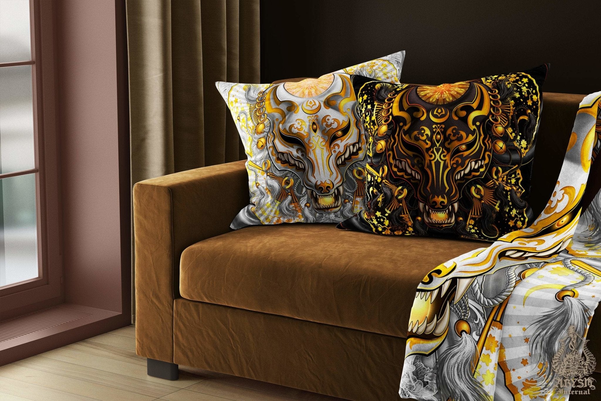 Kitsune Throw Pillow, Decorative Accent Cushion, Japanese Fox Mask, Okami, Anime and Gamer Room Decor - White & Gold - Abysm Internal