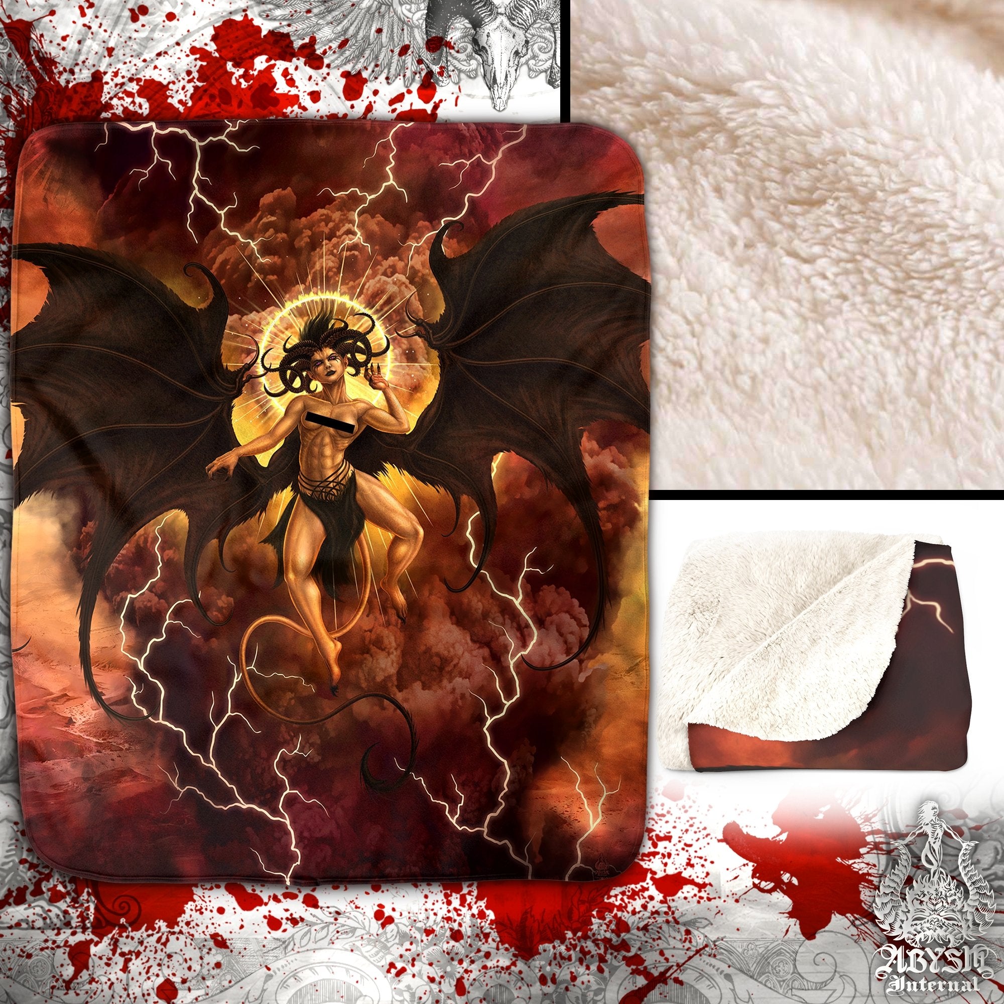 Lilith Throw Fleece Blanket, Dark and Erotic Fantasy Art, Demon Art, Satanic Home Decor - Succubus Demon, Semi-Nude - Abysm Internal
