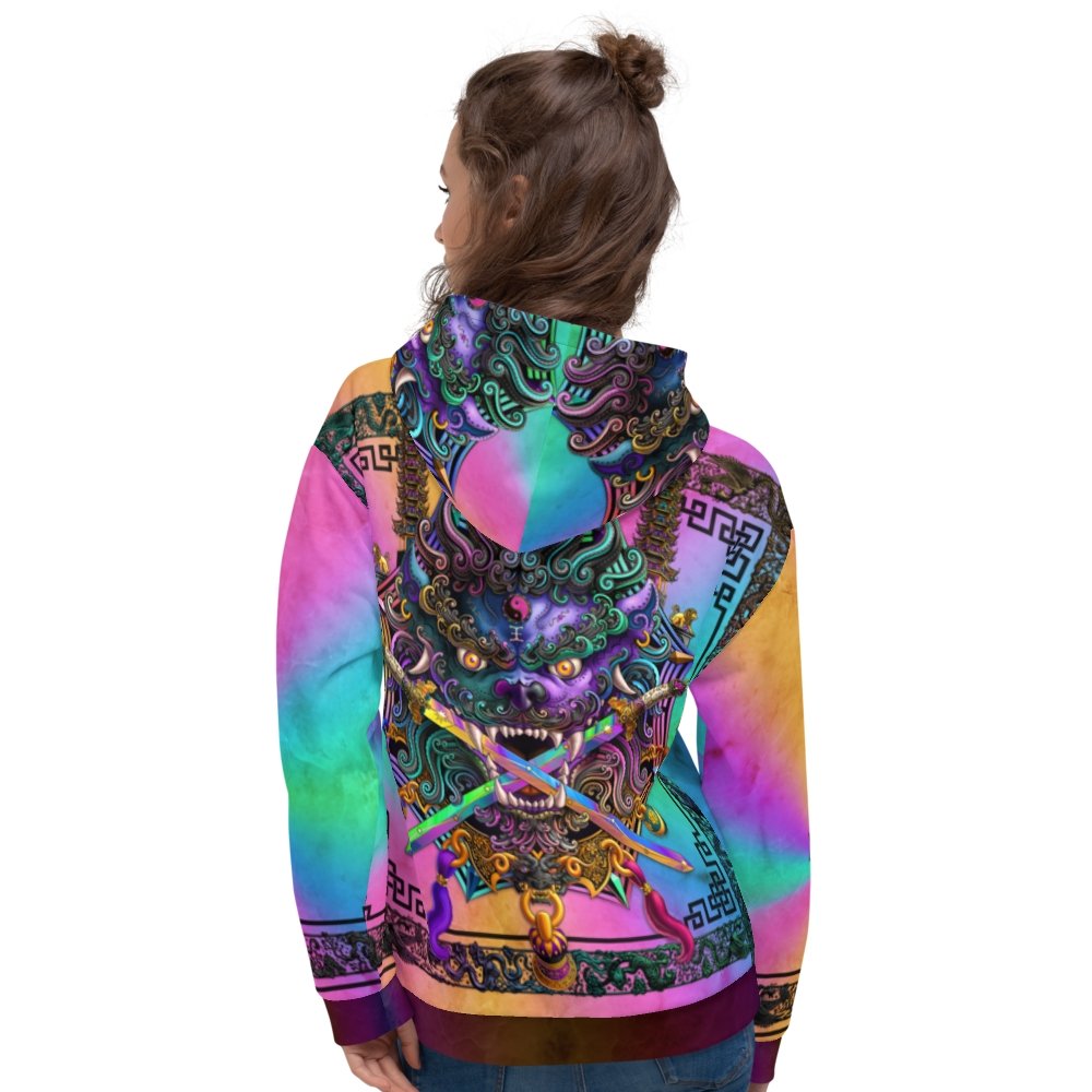 Lion Hoodie, Skater Rave Outfit, Chinese Streetwear, Taiwan Sword Lion, Asian Art Apparel, Alternative Clothing, Unisex - Holographic Pastel Punk Black - Abysm Internal