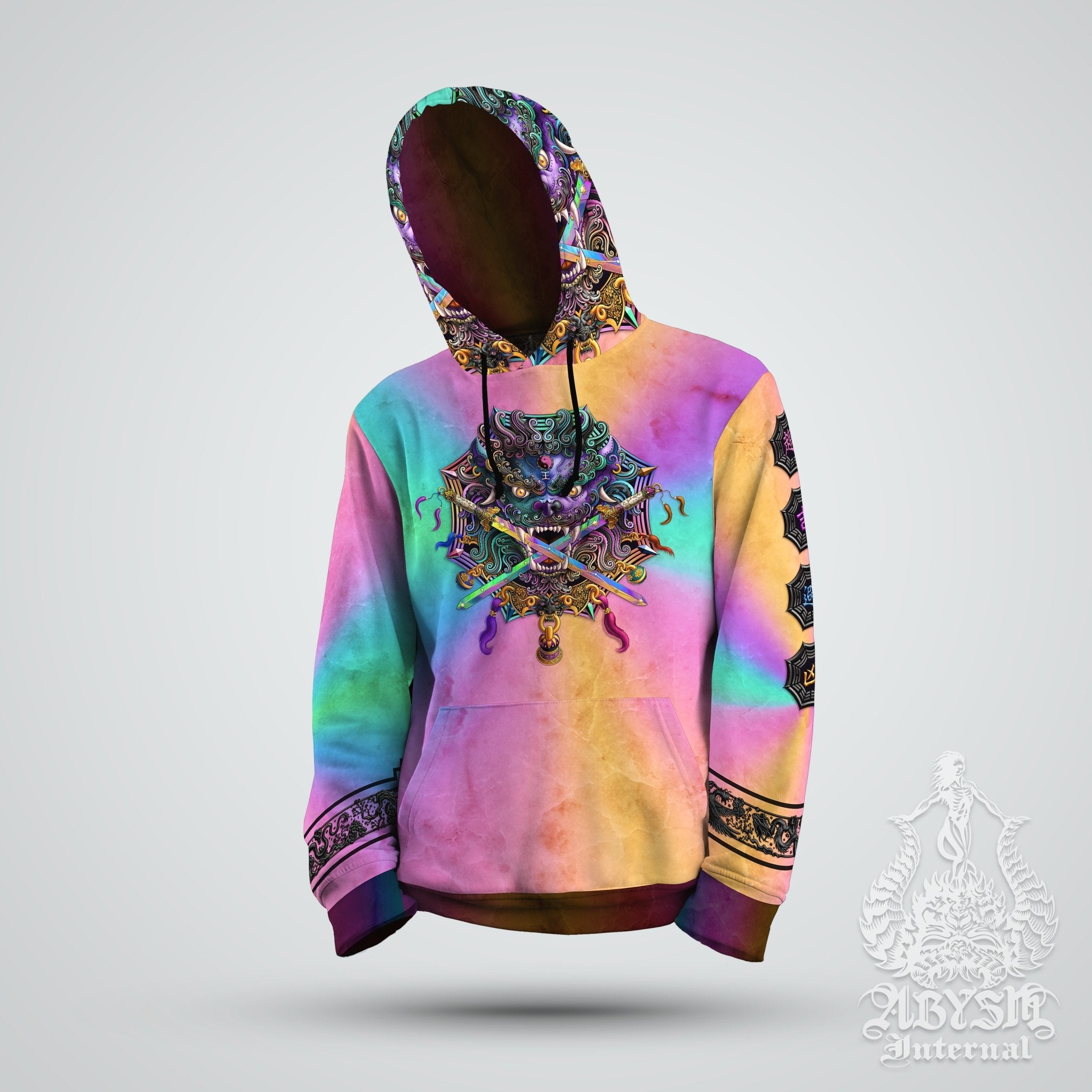 Lion Hoodie, Skater Rave Outfit, Chinese Streetwear, Taiwan Sword Lion, Asian Art Apparel, Alternative Clothing, Unisex - Holographic Pastel Punk Black - Abysm Internal