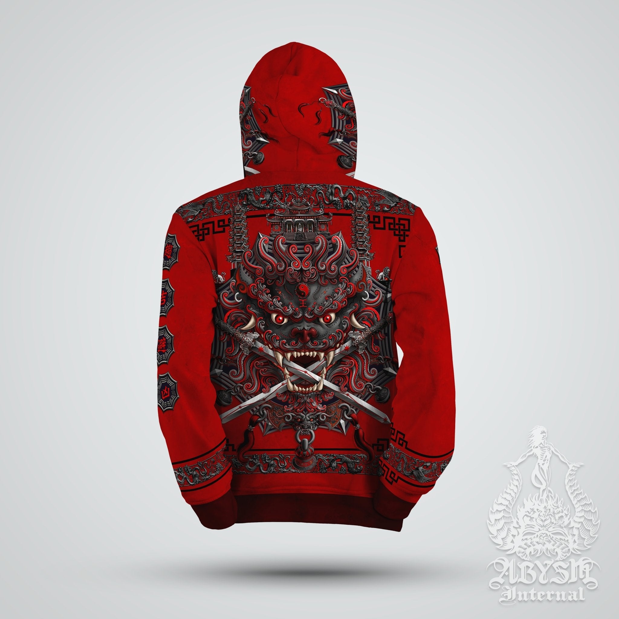 Lion Hoodie, Street Outfit, Chinese Streetwear, Taiwan Sword Lion, Asian Art Apparel, Alternative Clothing, Unisex - Bloody Gothic - Abysm Internal