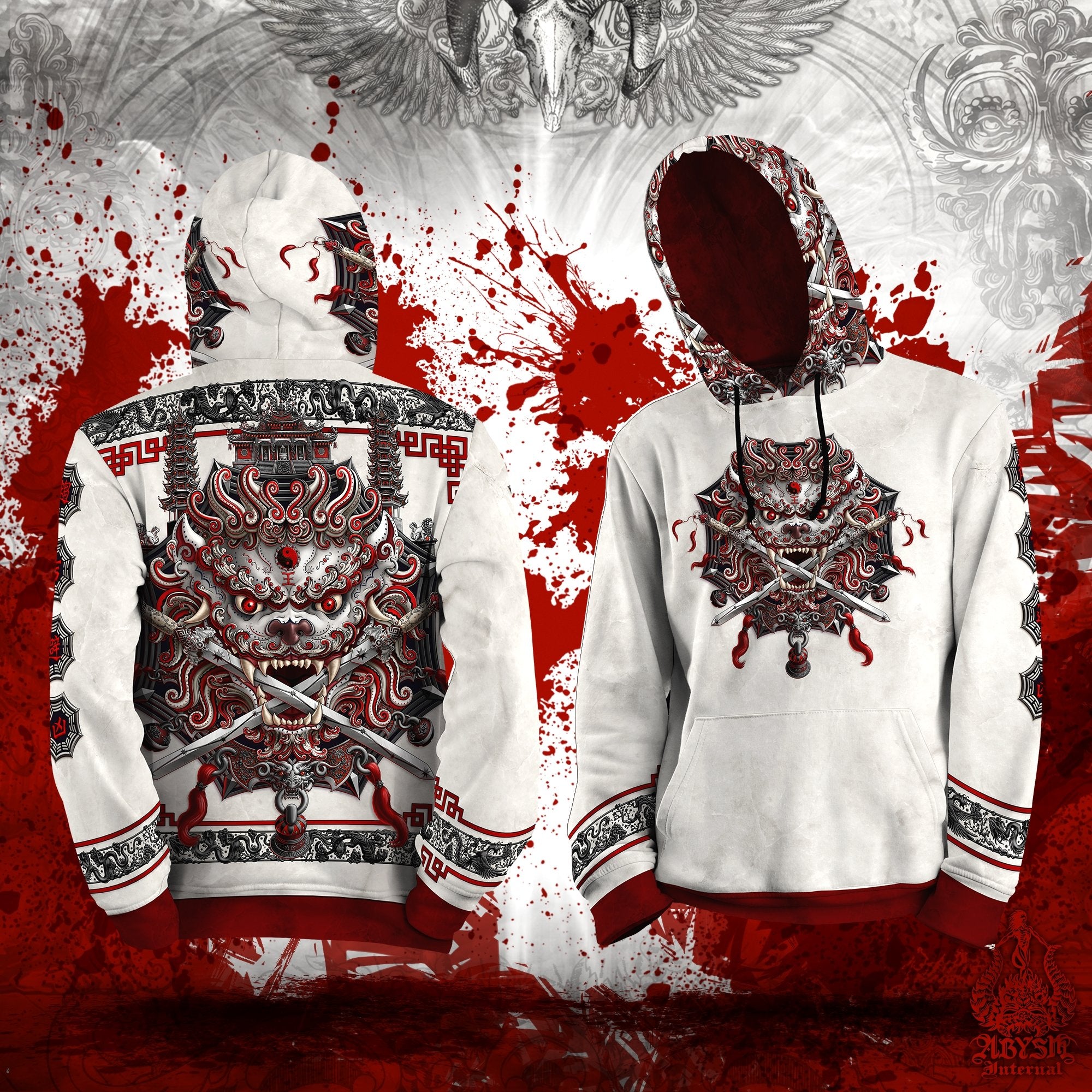 Lion Hoodie, Street Outfit, Chinese Streetwear, Taiwan Sword Lion, Asian Art Apparel, Alternative Clothing, Unisex - Bloody White Goth - Abysm Internal