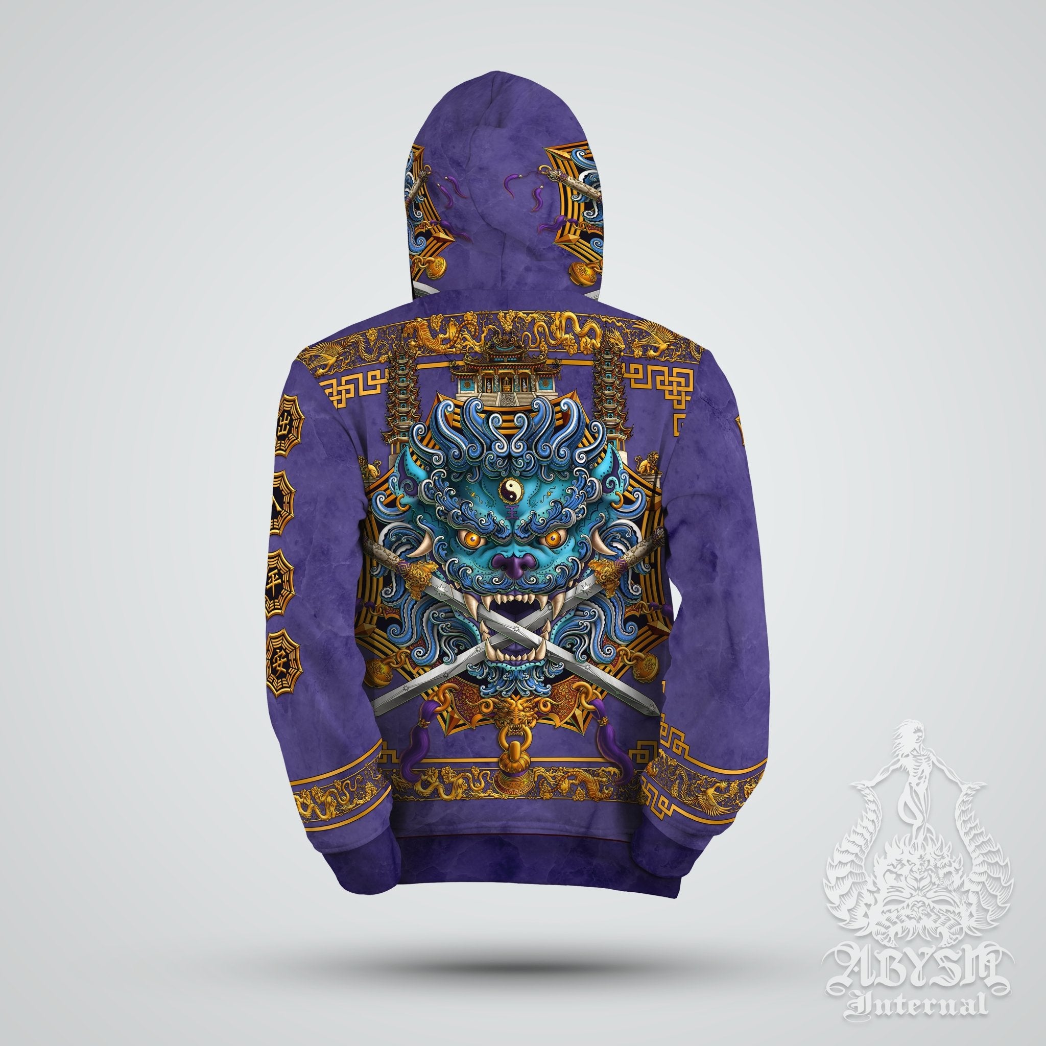 Lion Hoodie, Street Outfit, Chinese Streetwear, Taiwan Sword Lion, Asian Art Apparel, Alternative Clothing, Unisex - Blue and Purple - Abysm Internal