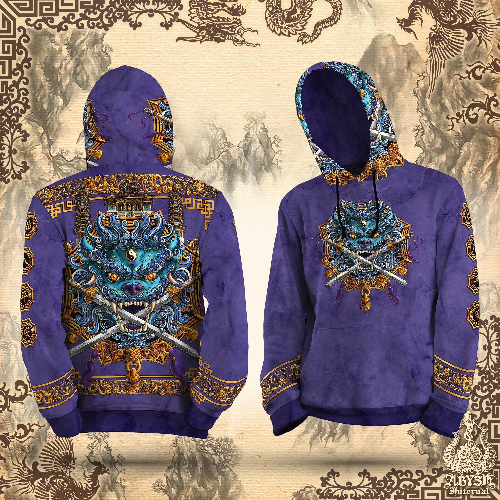 Lion Hoodie, Street Outfit, Chinese Streetwear, Taiwan Sword Lion, Asian Art Apparel, Alternative Clothing, Unisex - Blue and Purple - Abysm Internal