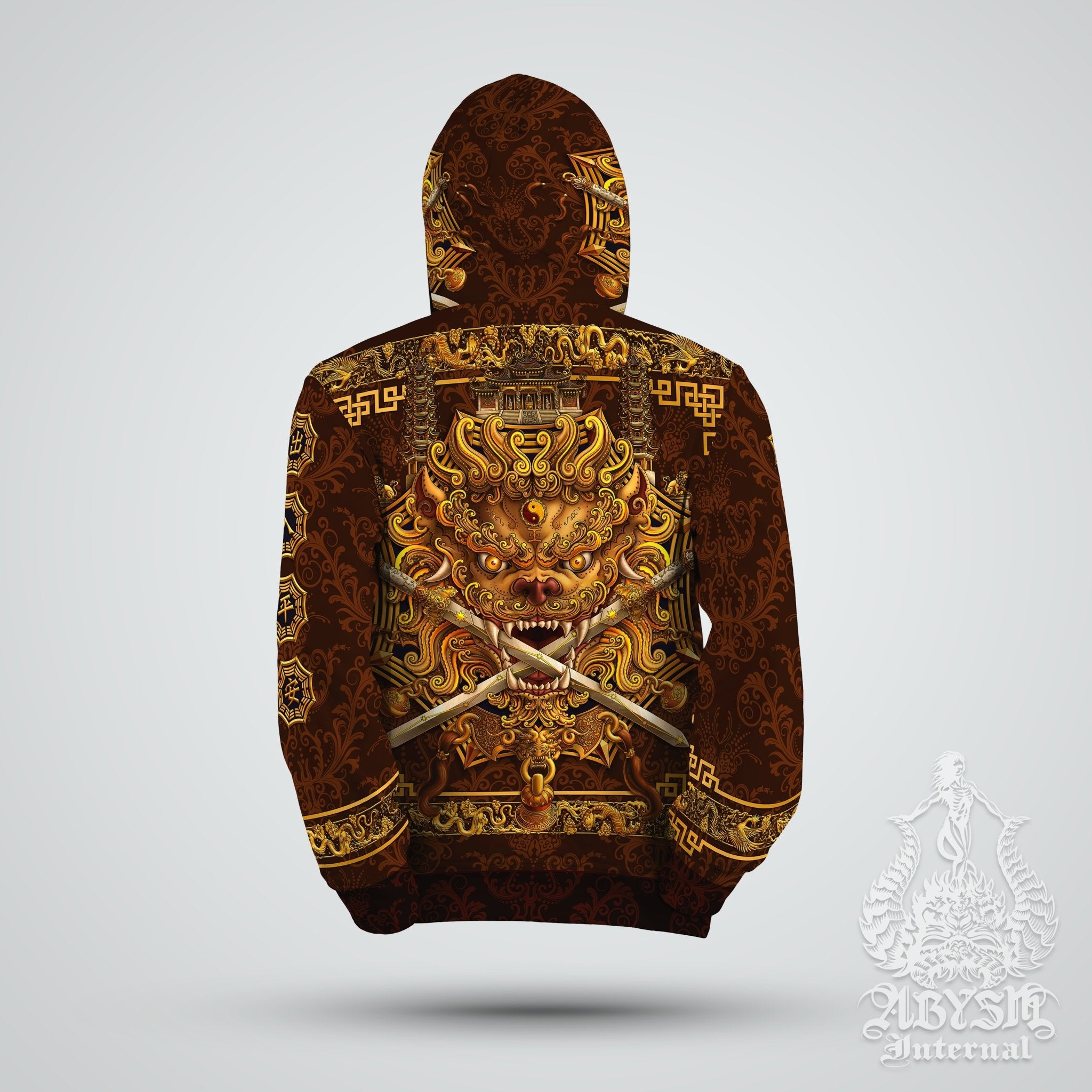 Lion Hoodie, Street Outfit, Chinese Streetwear, Taiwan Sword Lion, Asian Art Apparel, Alternative Clothing, Unisex - Gold - Abysm Internal