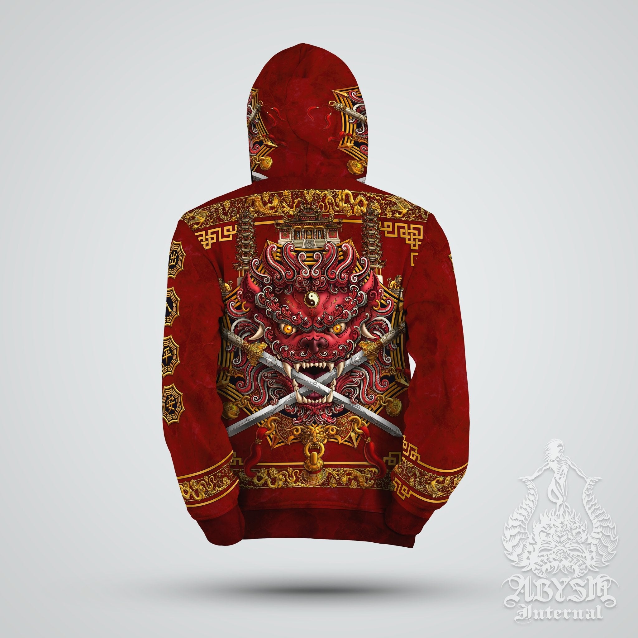 Lion Hoodie, Street Outfit, Chinese Streetwear, Taiwan Sword Lion, Asian Art Apparel, Alternative Clothing, Unisex - Red - Abysm Internal