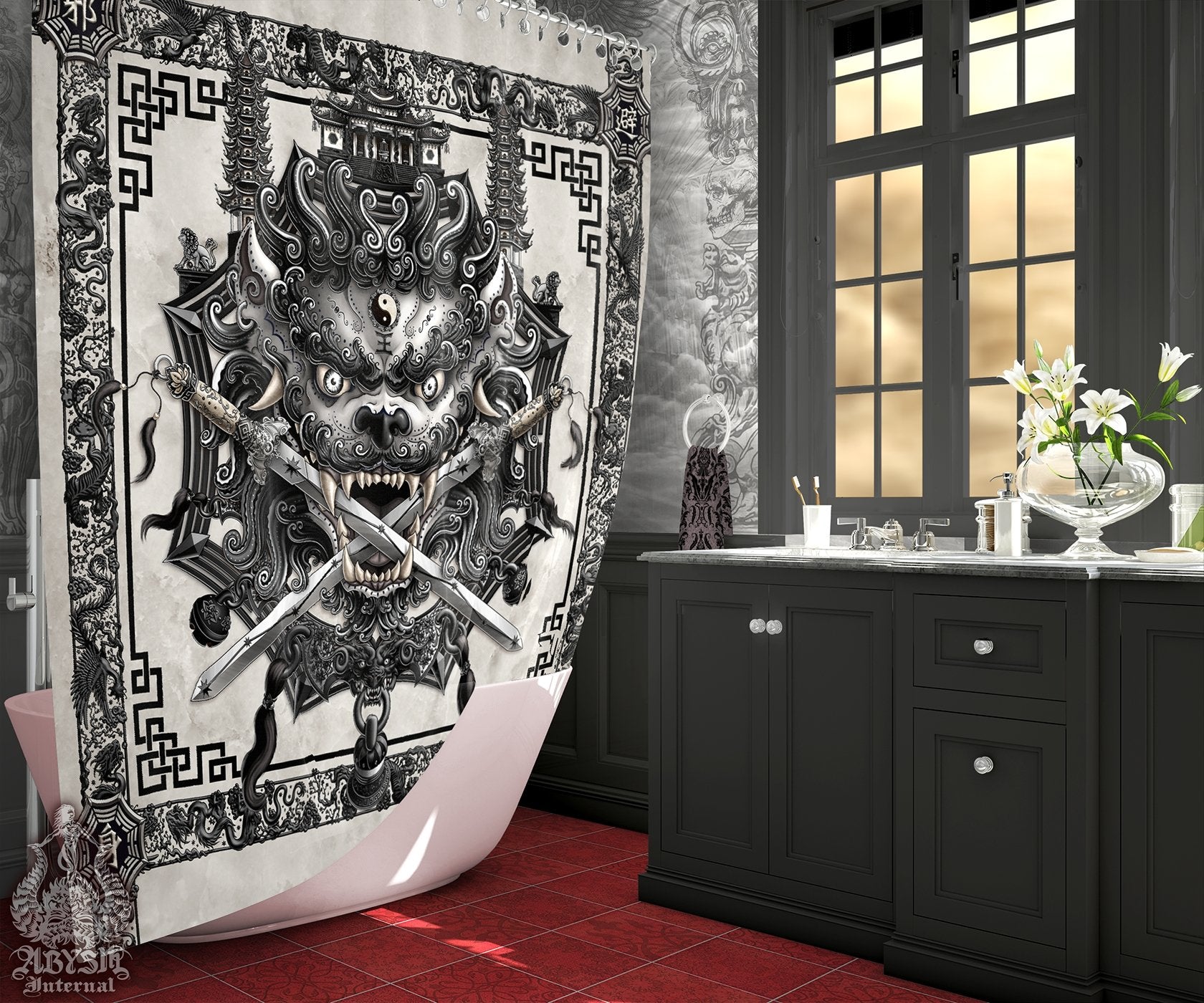 Lion Shower Curtain, Taiwan Sword Lion, Chinese Bathroom, Alternative Fantasy Decor, Asian Mythology - Black and White Goth - Abysm Internal