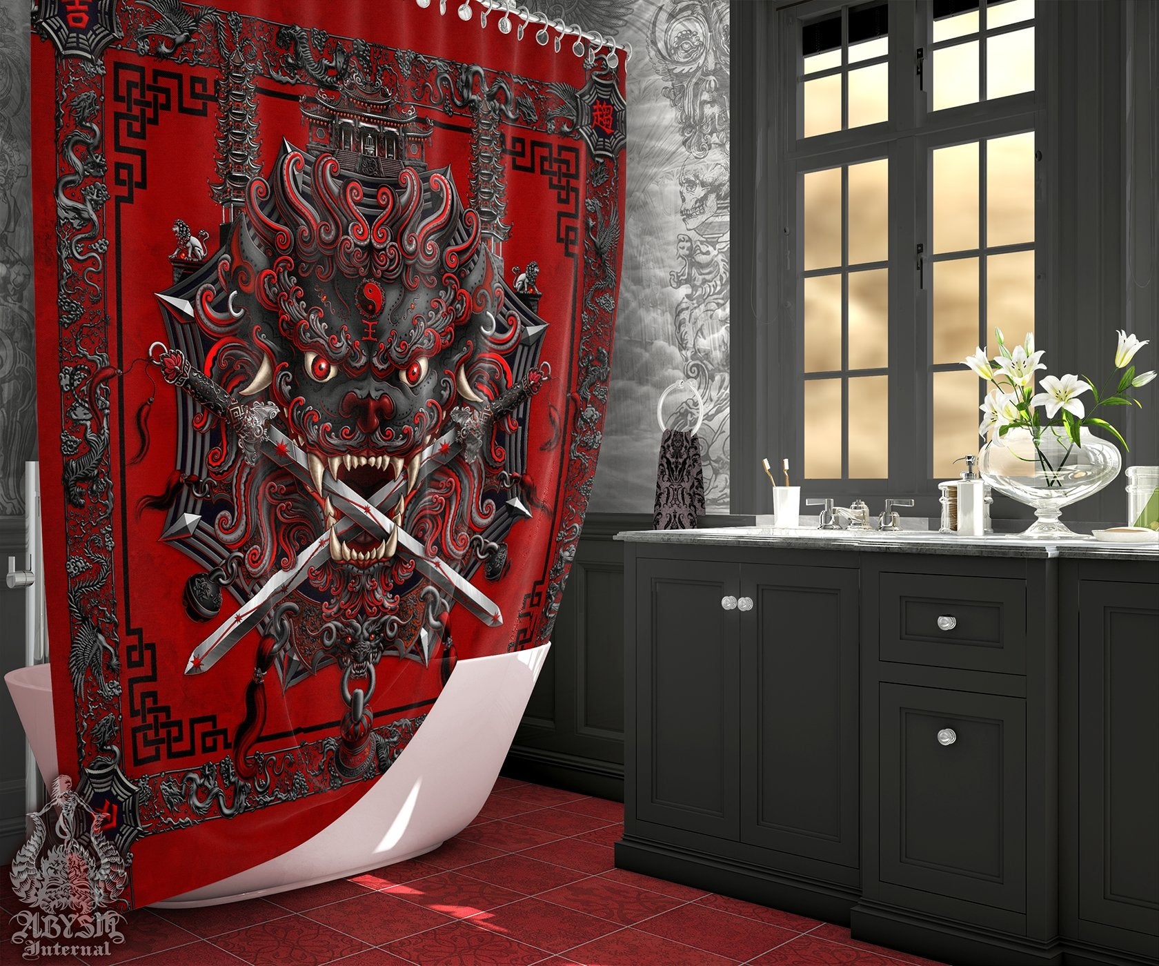 Lion Shower Curtain, Taiwan Sword Lion, Chinese Bathroom, Alternative Fantasy Decor, Asian Mythology - Bloody Goth - Abysm Internal