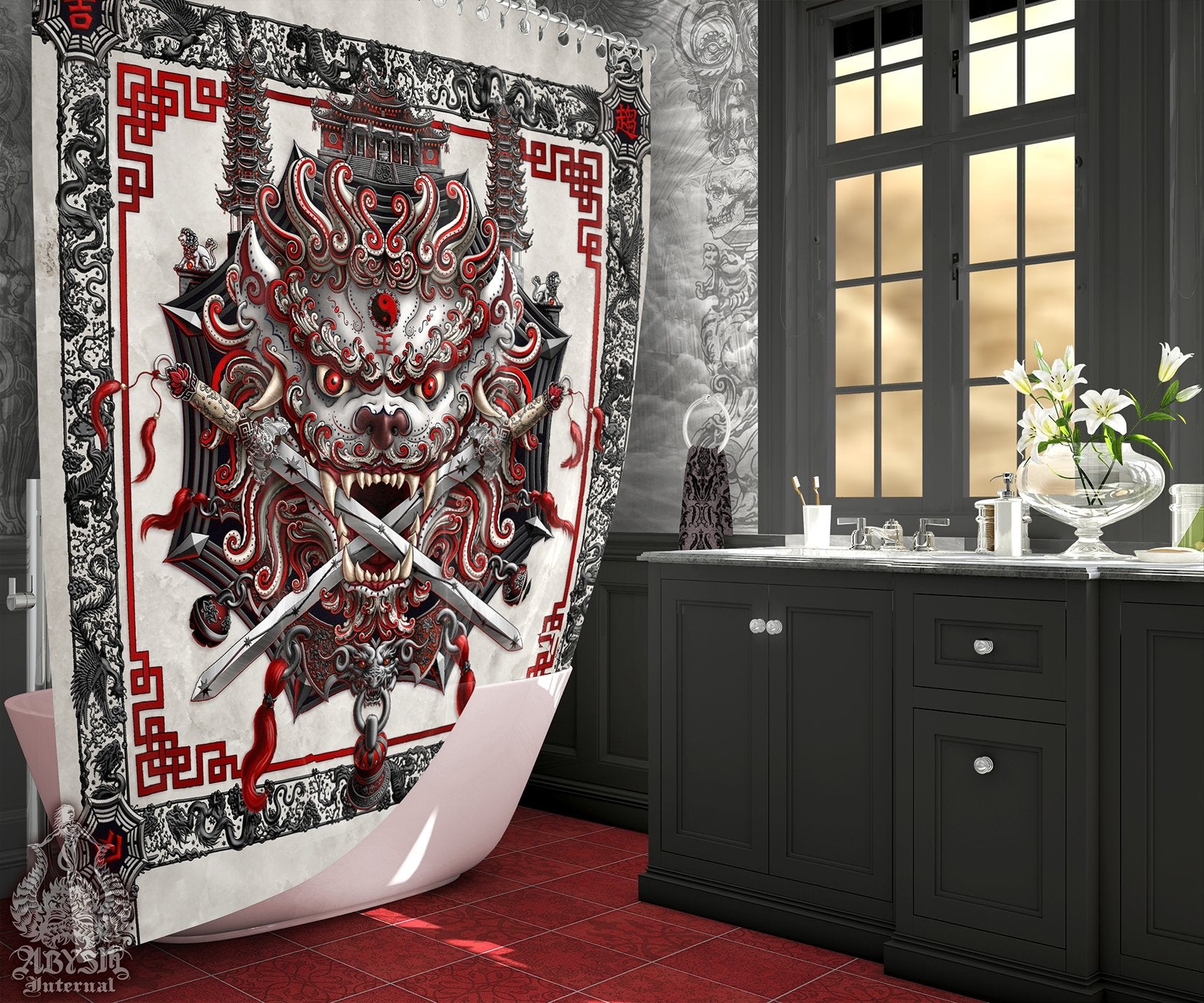 Lion Shower Curtain, Taiwan Sword Lion, Chinese Bathroom, Alternative Fantasy Decor, Asian Mythology - Bloody White Goth - Abysm Internal